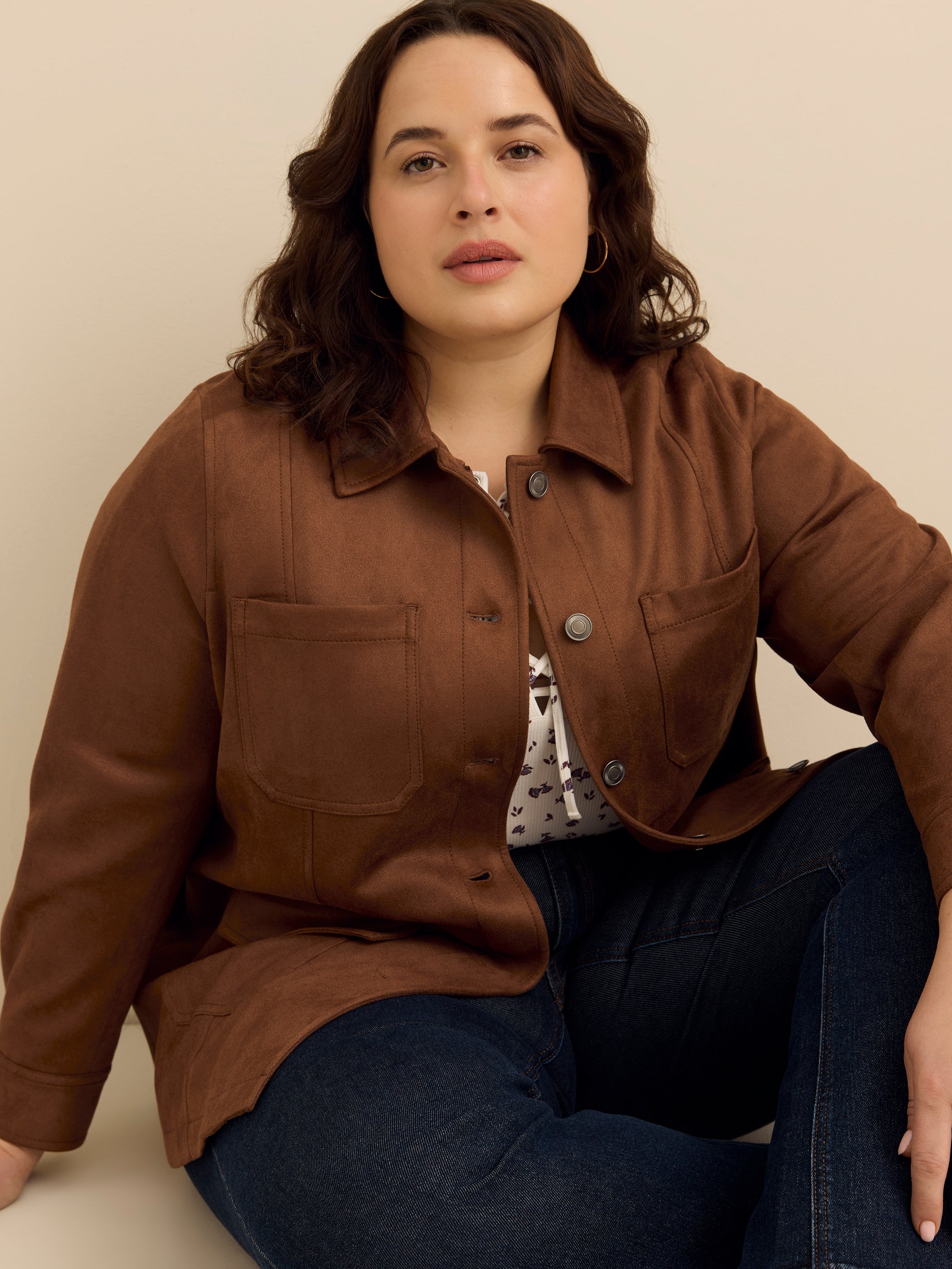 Veste safari marron en faux suède