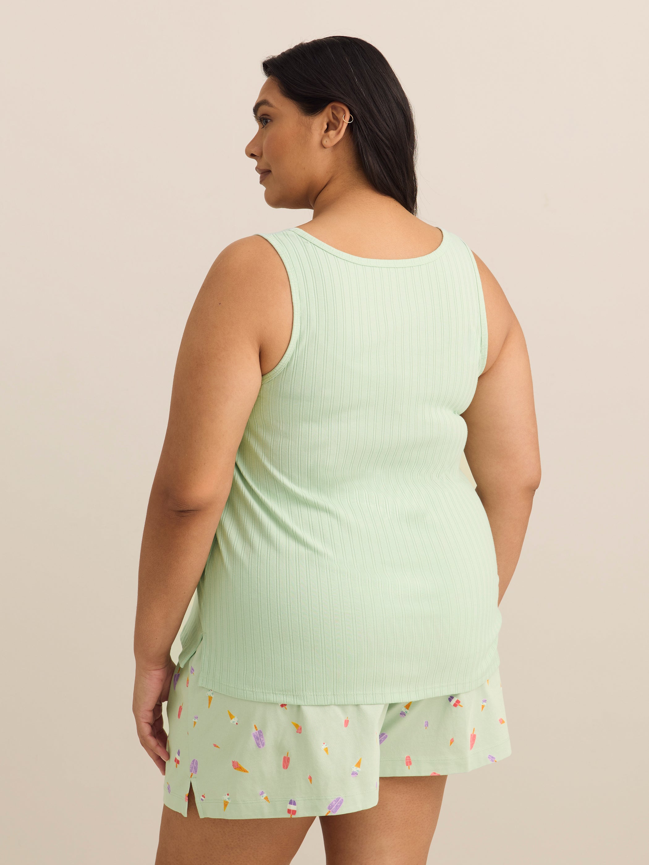 Green Rib Tank Top and Ice Cream-Print Boxer Pyjama Set - ti Voglio