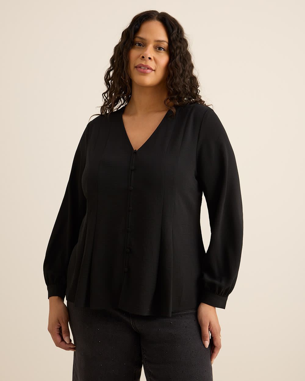 Long-Sleeve Flared Pleated Satin Blouse