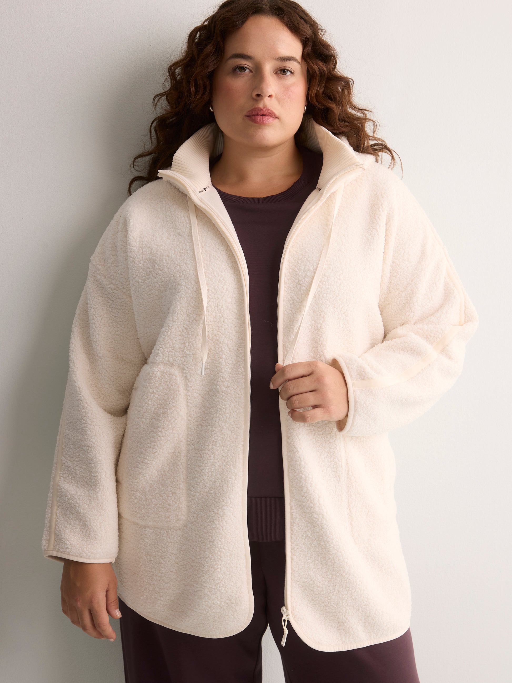 Long Hooded Mock-Neck Sherpa Jacket - Active Zone