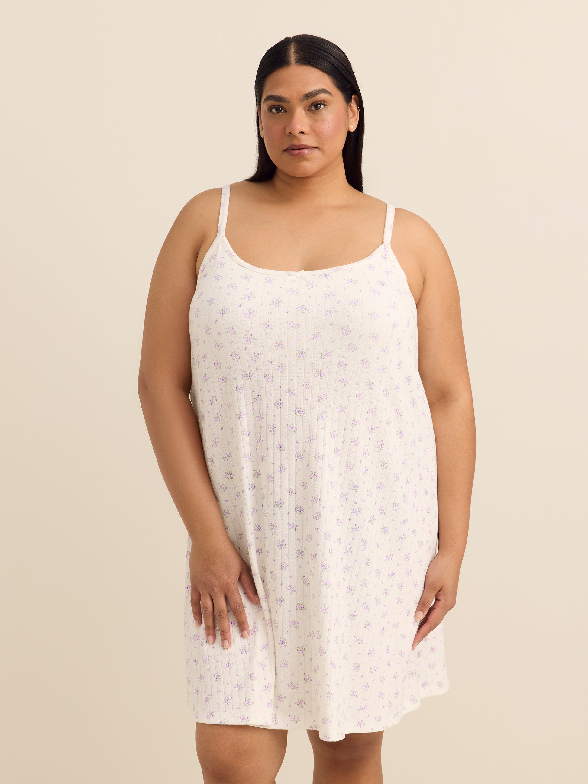 White Sleeveless Floral Print Pointelle Nighty - ti Voglio