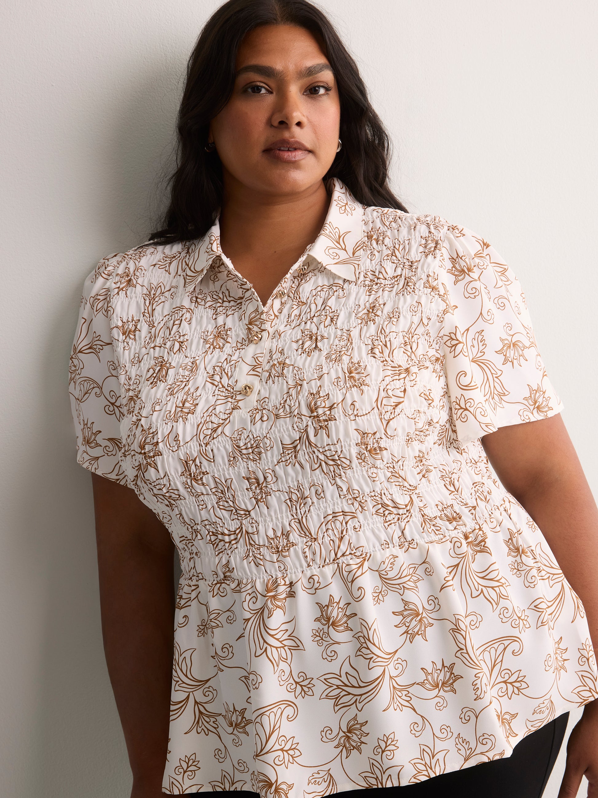Responsible, Smocking Fit-and-Flare Shirt-Collar Blouse