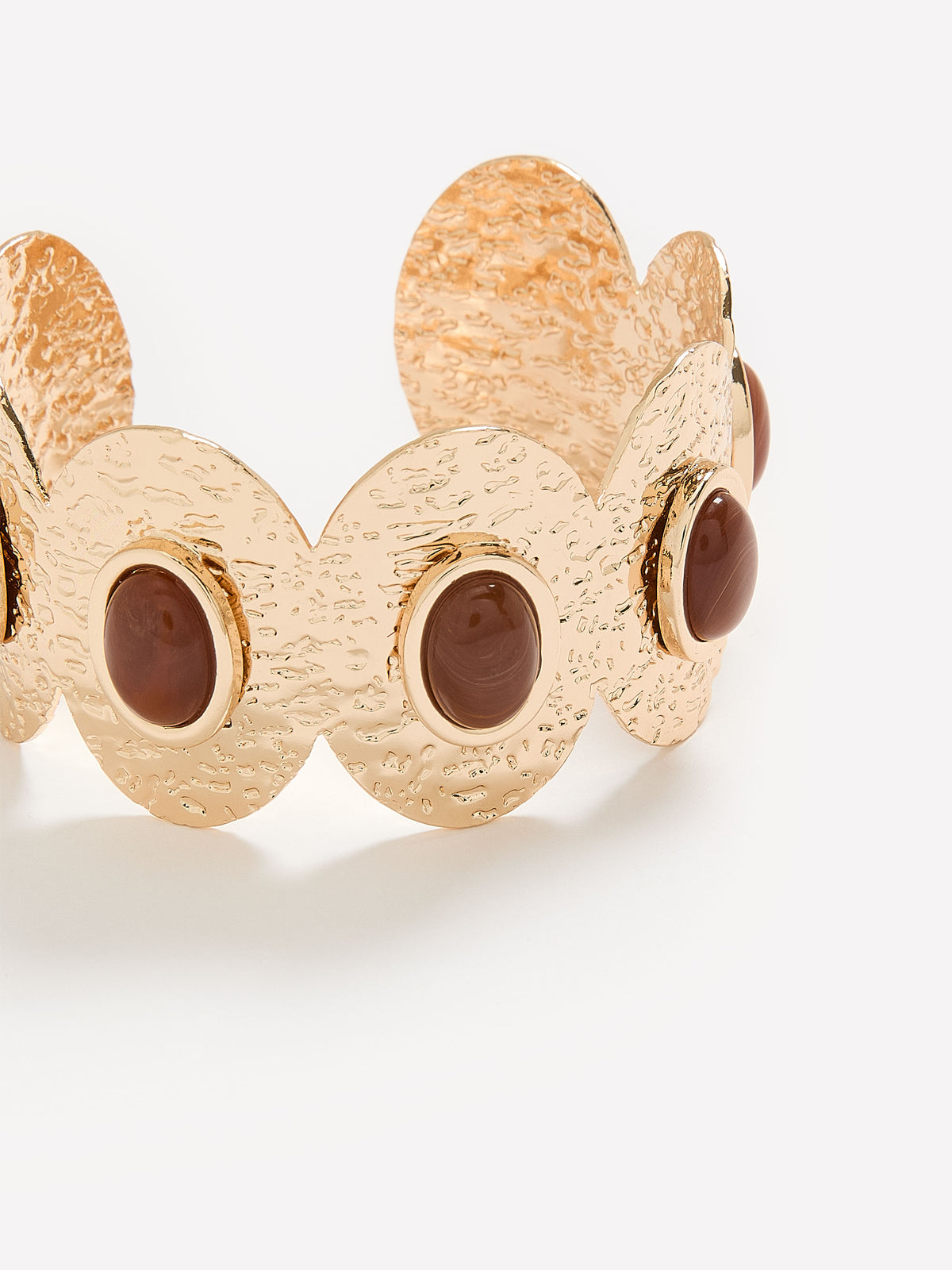 Golden Hammered Disc Cuff Bracelet with Brown Stones