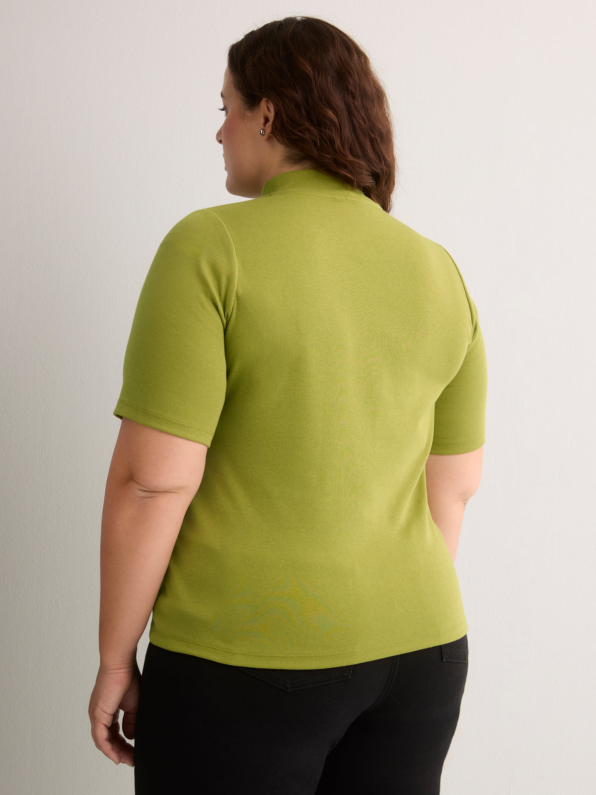 Fitted Mock-Neck Elbow-Sleeve Rib Knit Top