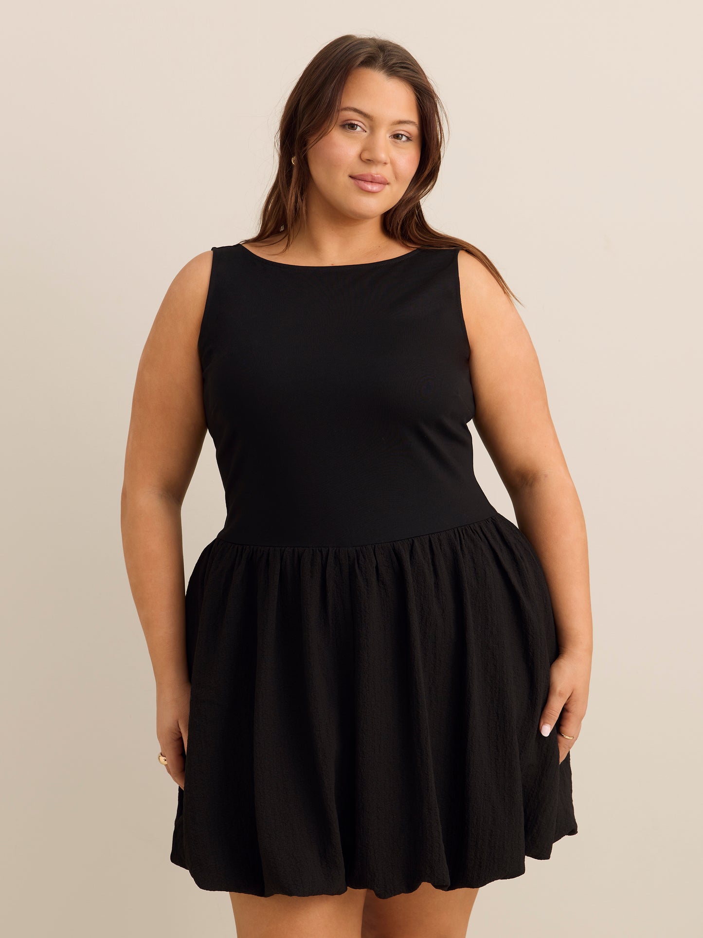 Boat Neck Mixed Media Dress with Bubble Skirt - Addition Elle