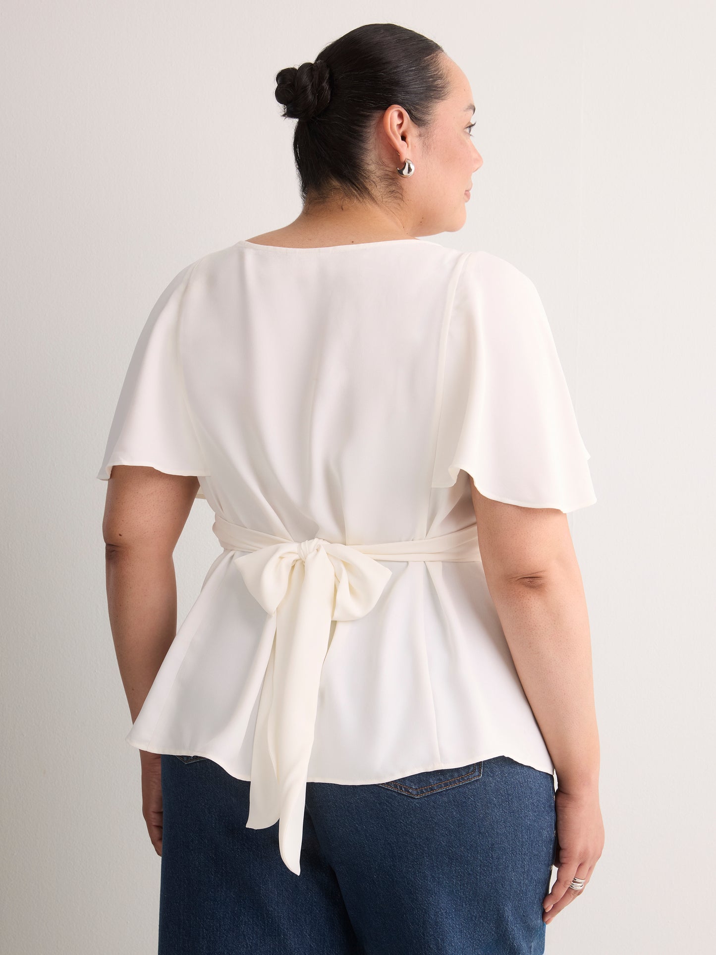 Responsible, Cape Flutter-Sleeve Silky Blouse with Self Sash