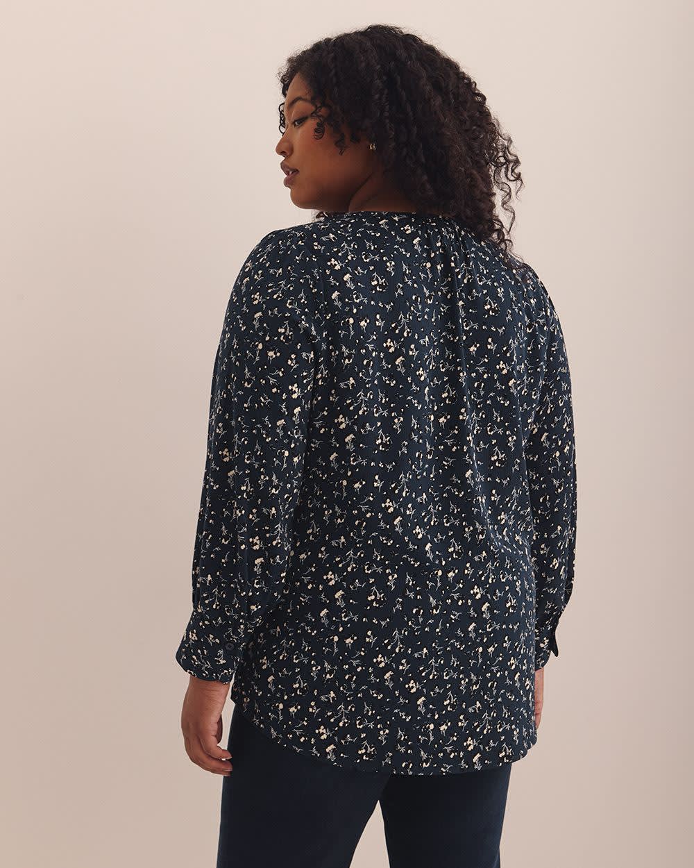 Long-Sleeve Tunic Blouse with Buttoned Crewneck