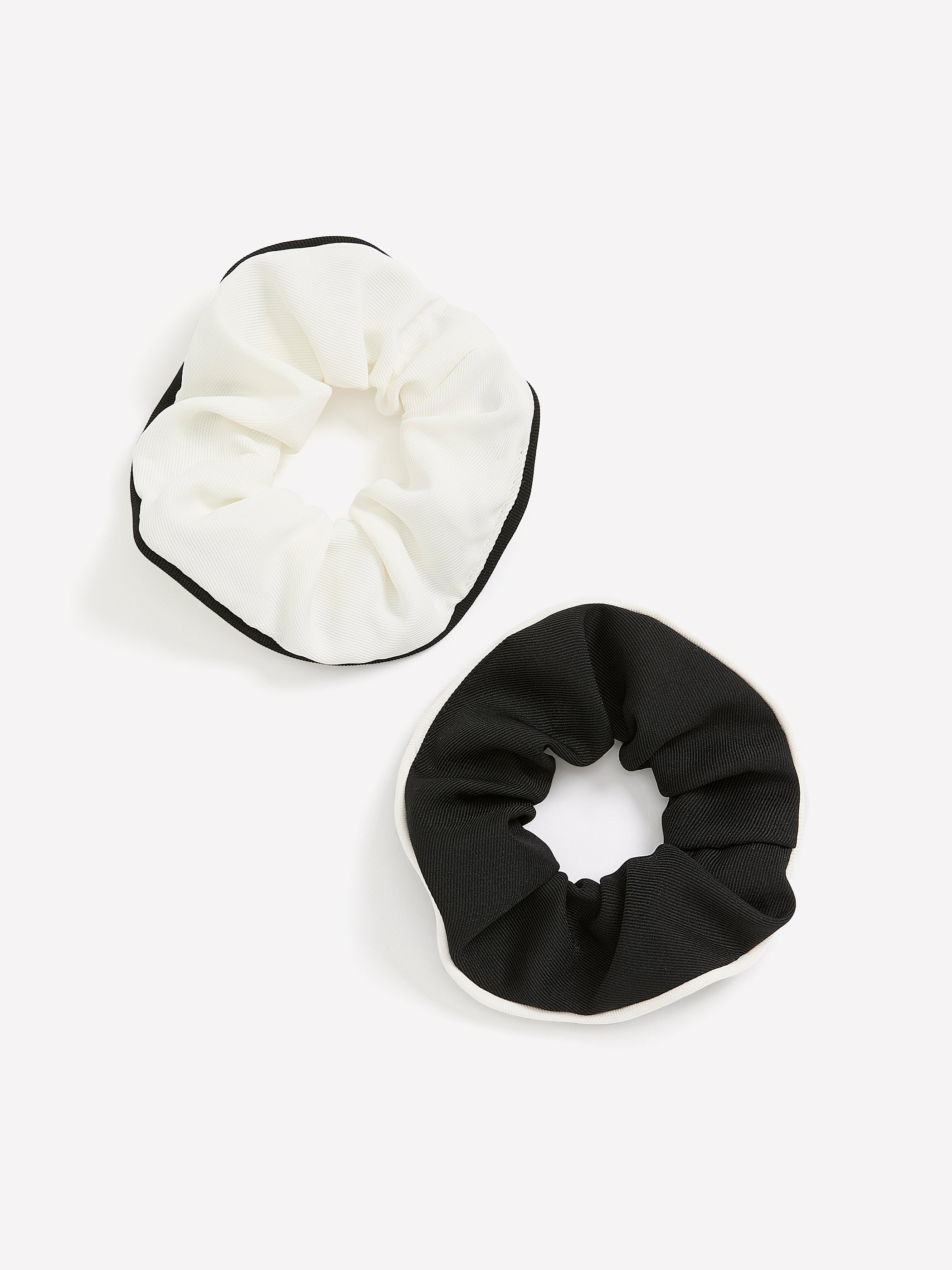Black and White Hair Scrunchies with Contrasting Piping, Set of 2