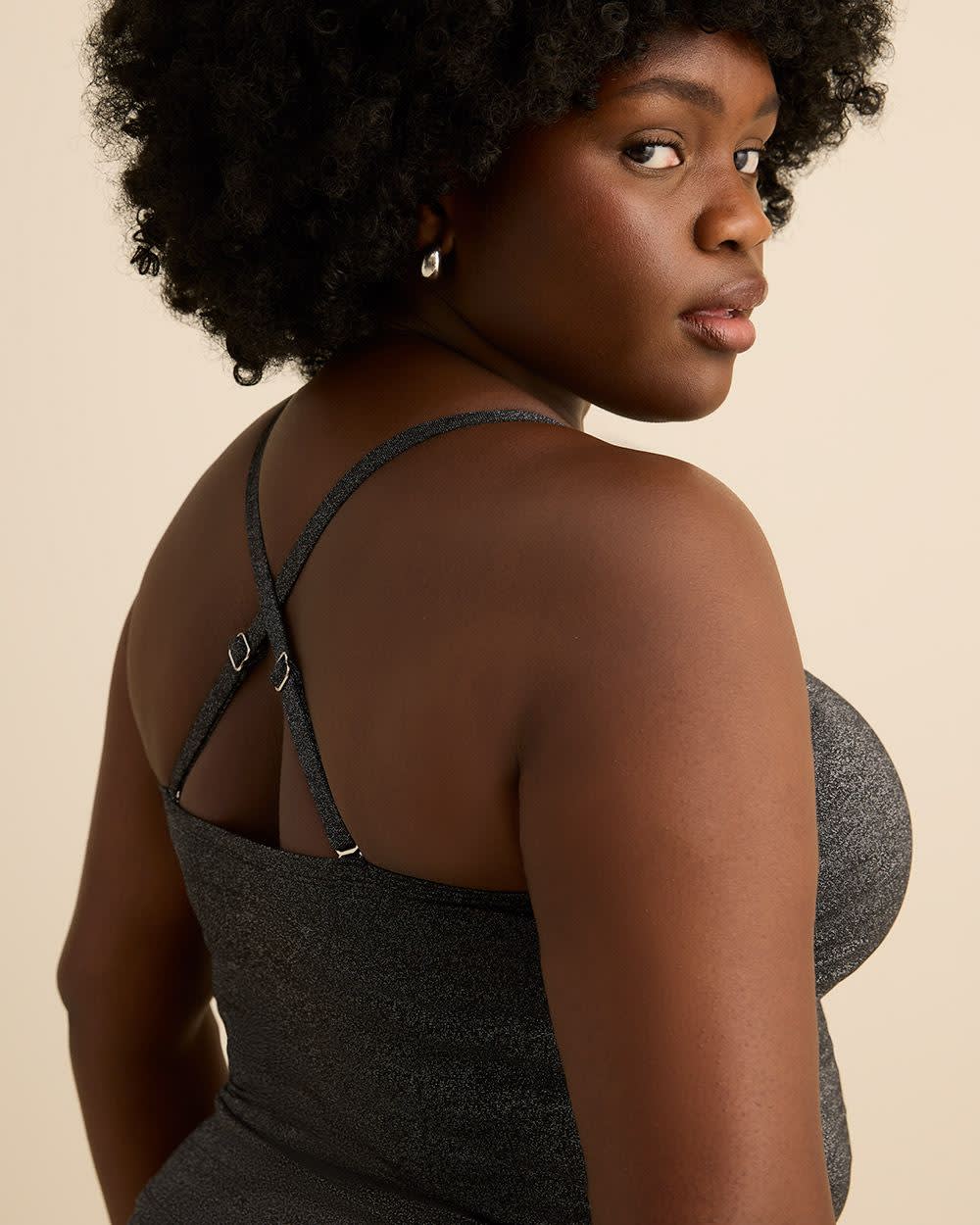 Short Shimmering Black Rushed Tube Tankini Top