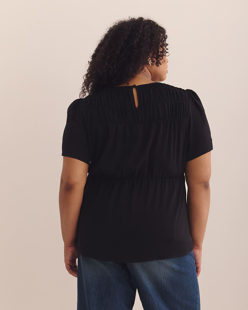 Short Flutter Sleeve Blouse with Smocked Top