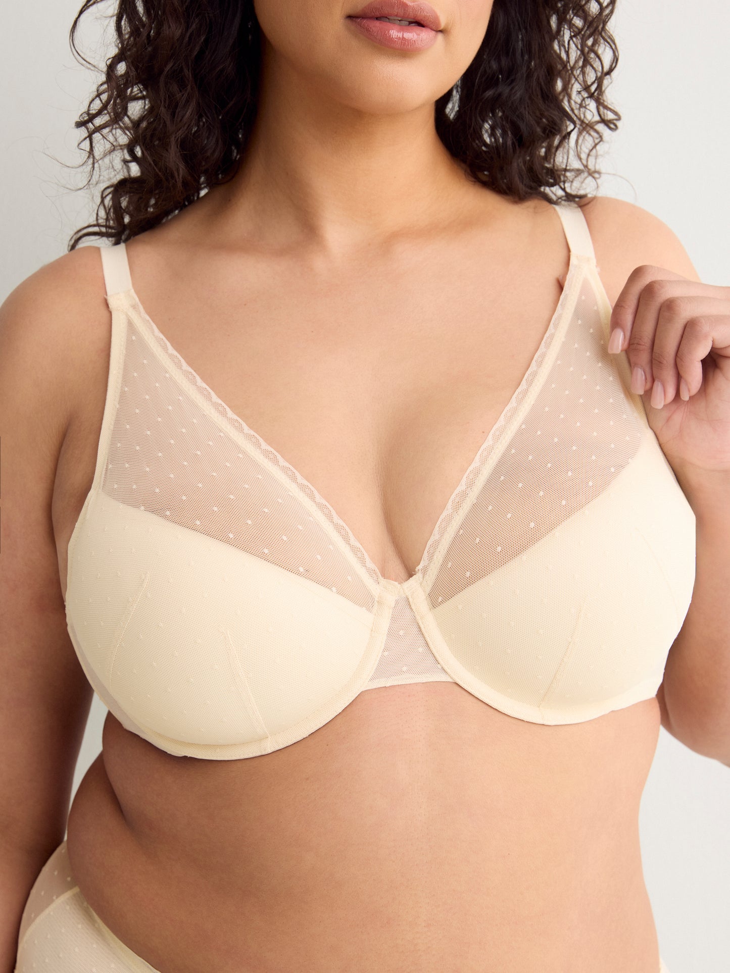 Grey Underwire Clip Dot Mesh Balconette Bra with Lace - Déesse Collection