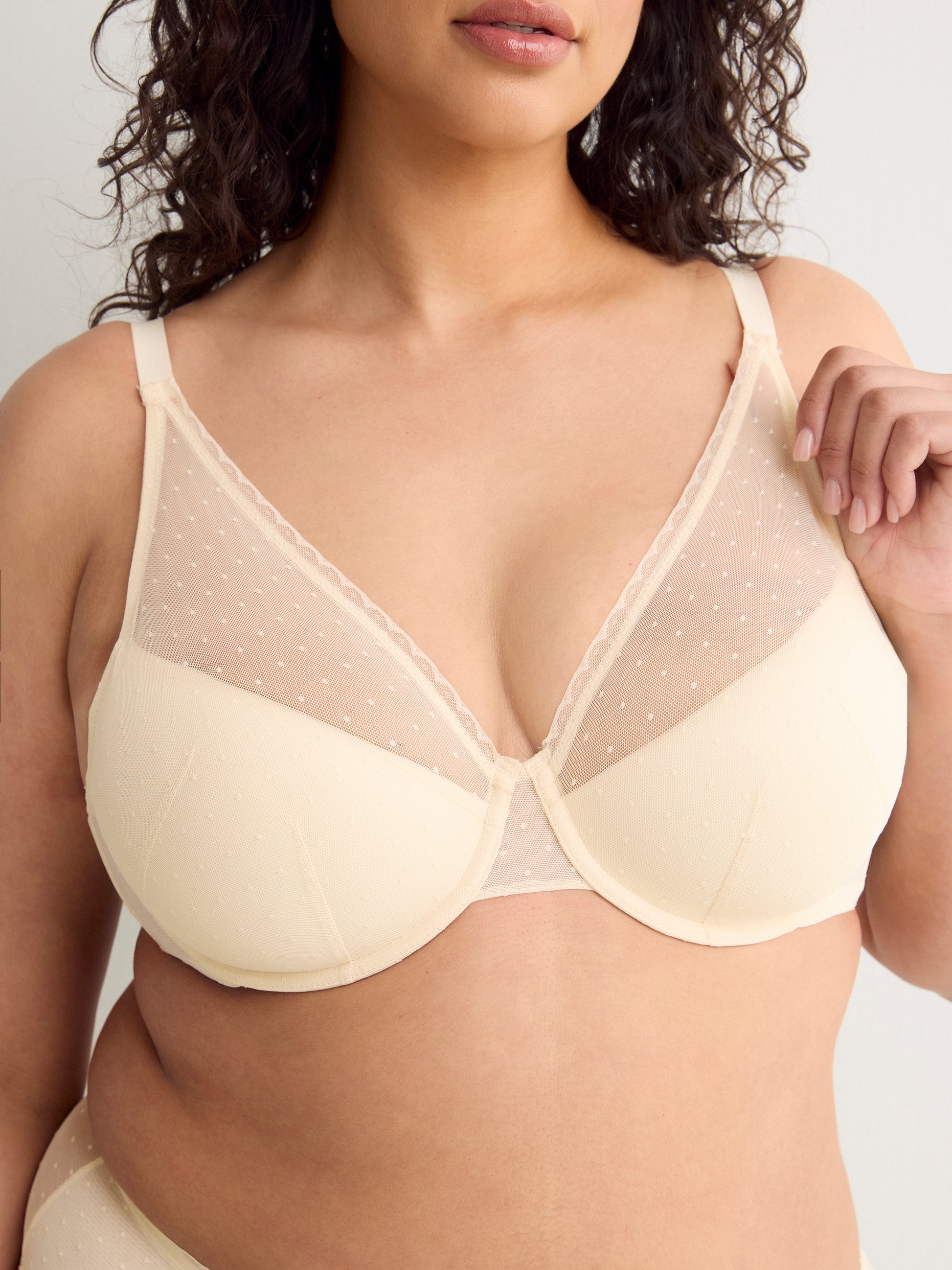 Grey Underwire Clip Dot Mesh Balconette Bra with Lace - Déesse Collection