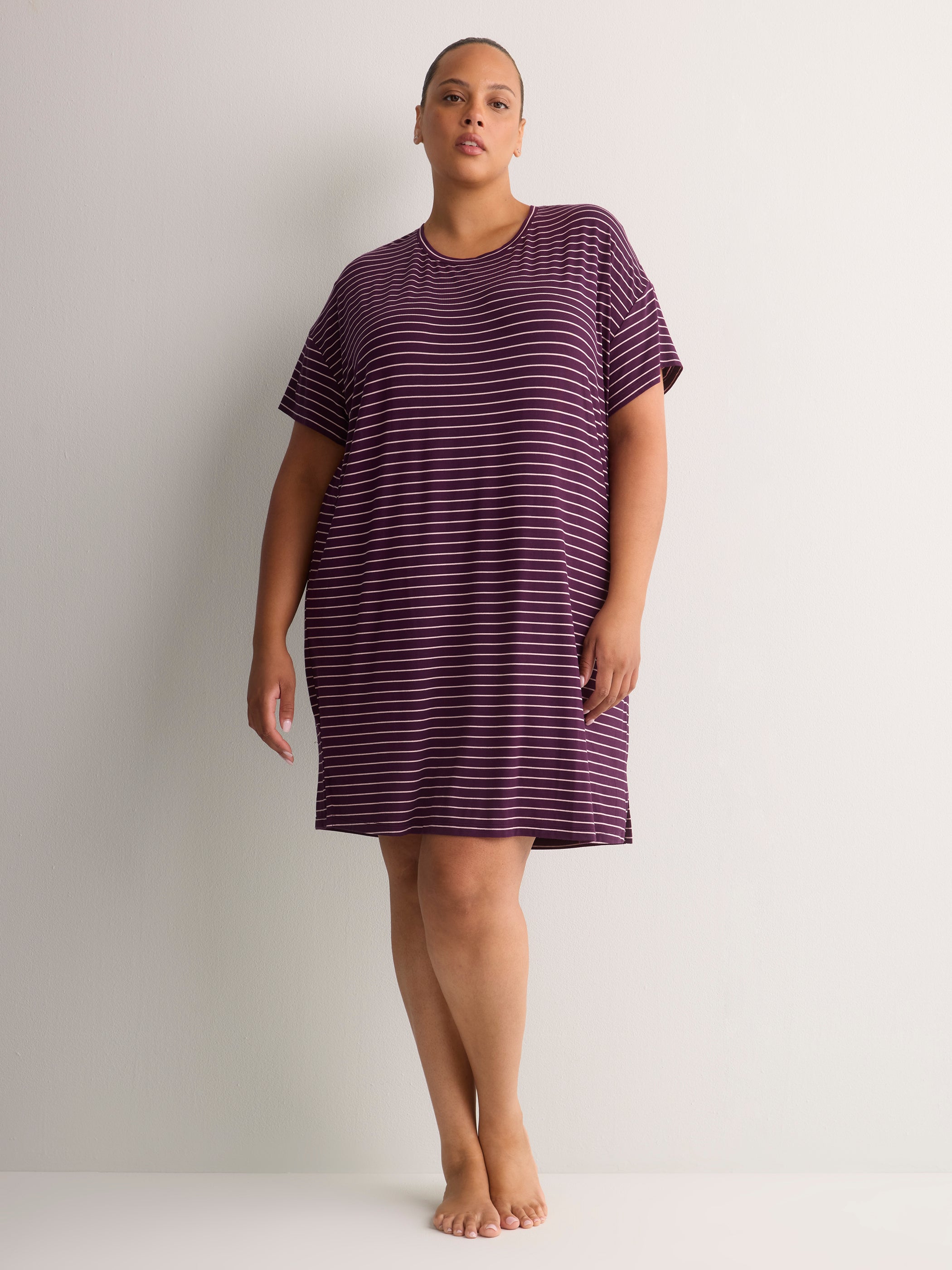 Responsible, Plum Striped Short-Sleeve Sleepshirt - tiVOGLIO