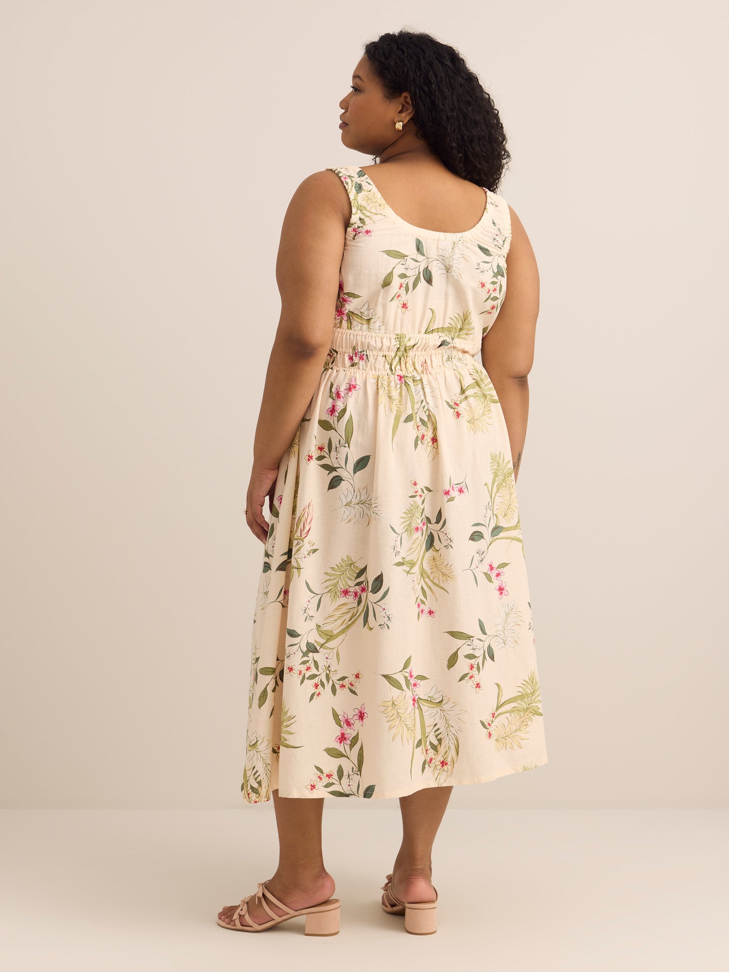 Tropical Linen-Blend Sleeveless Midi Dress with Elastic Waist