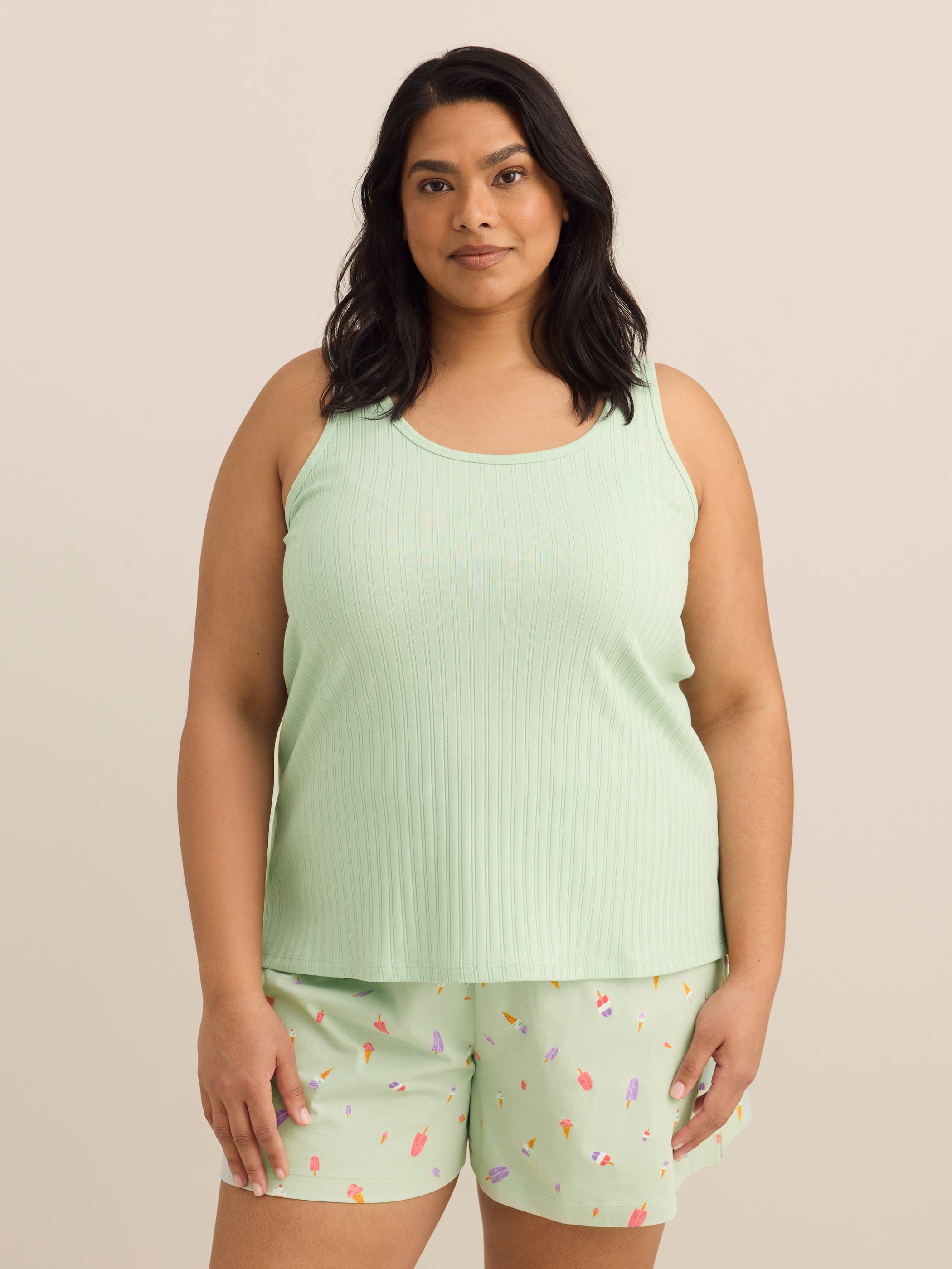 Green Rib Tank Top and Ice Cream-Print Boxer Pyjama Set - ti Voglio