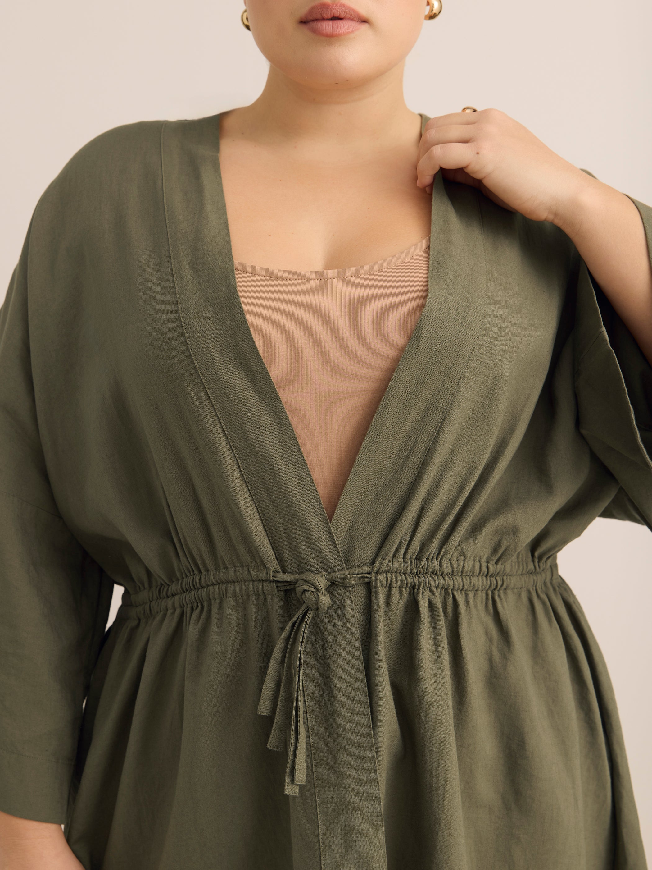 Linen-Blend Loose Kimono Tunic with Waist Drawstring