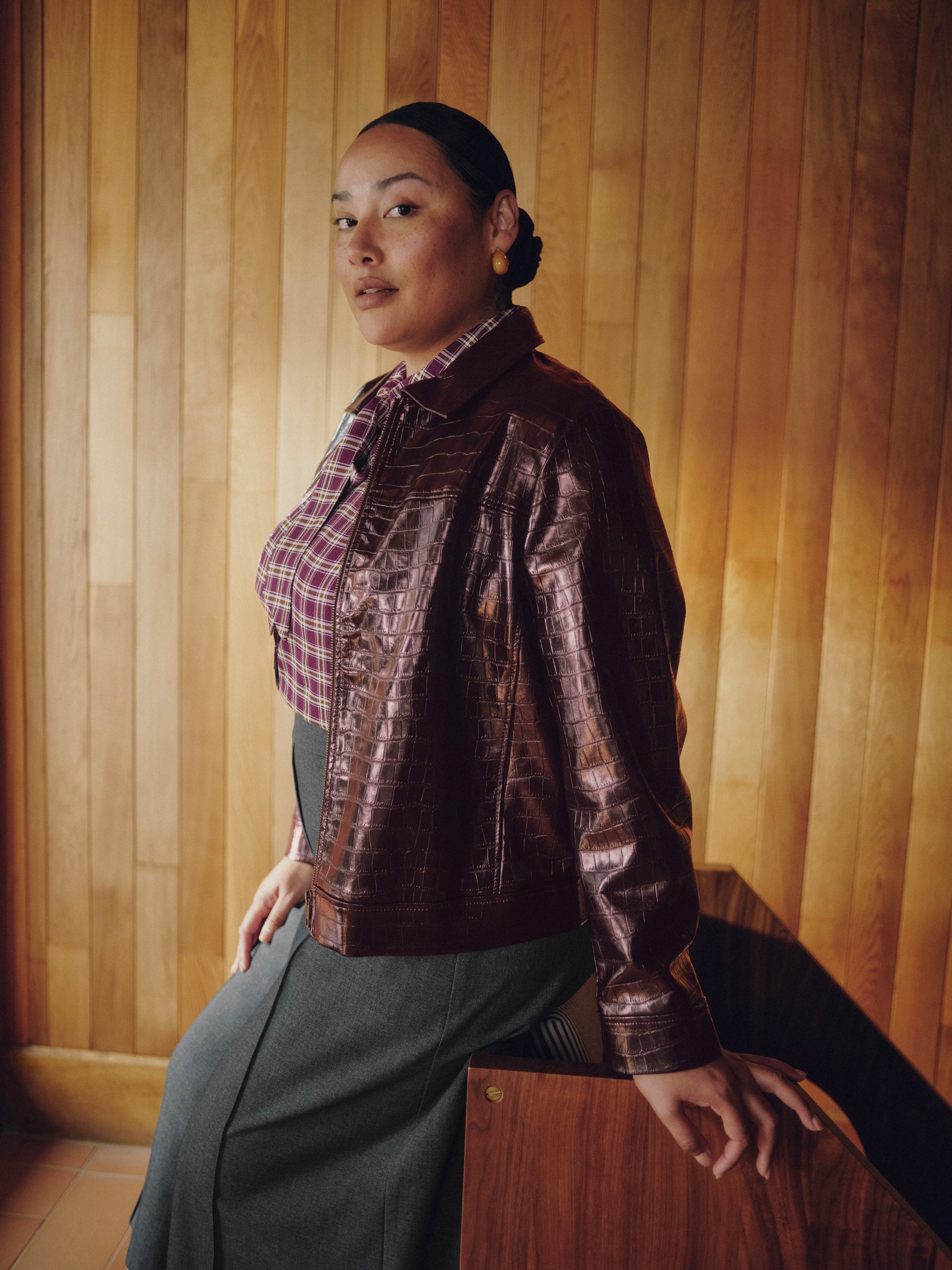 Plaid Buttoned Down Shirt with Scarf Collar