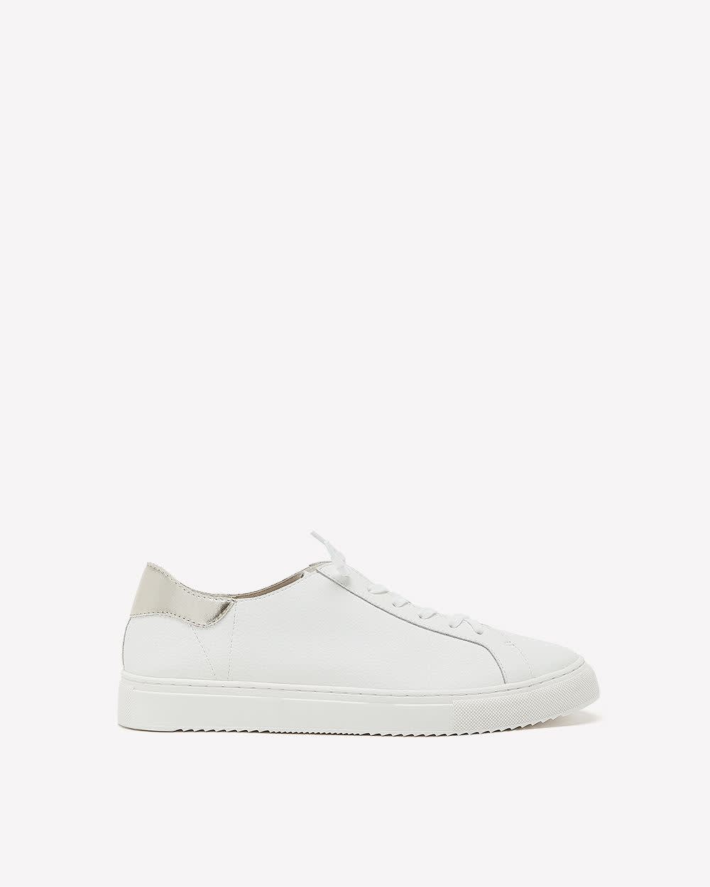 Extra Wide Width, White Leather Elastic Lace-Up Sneakers