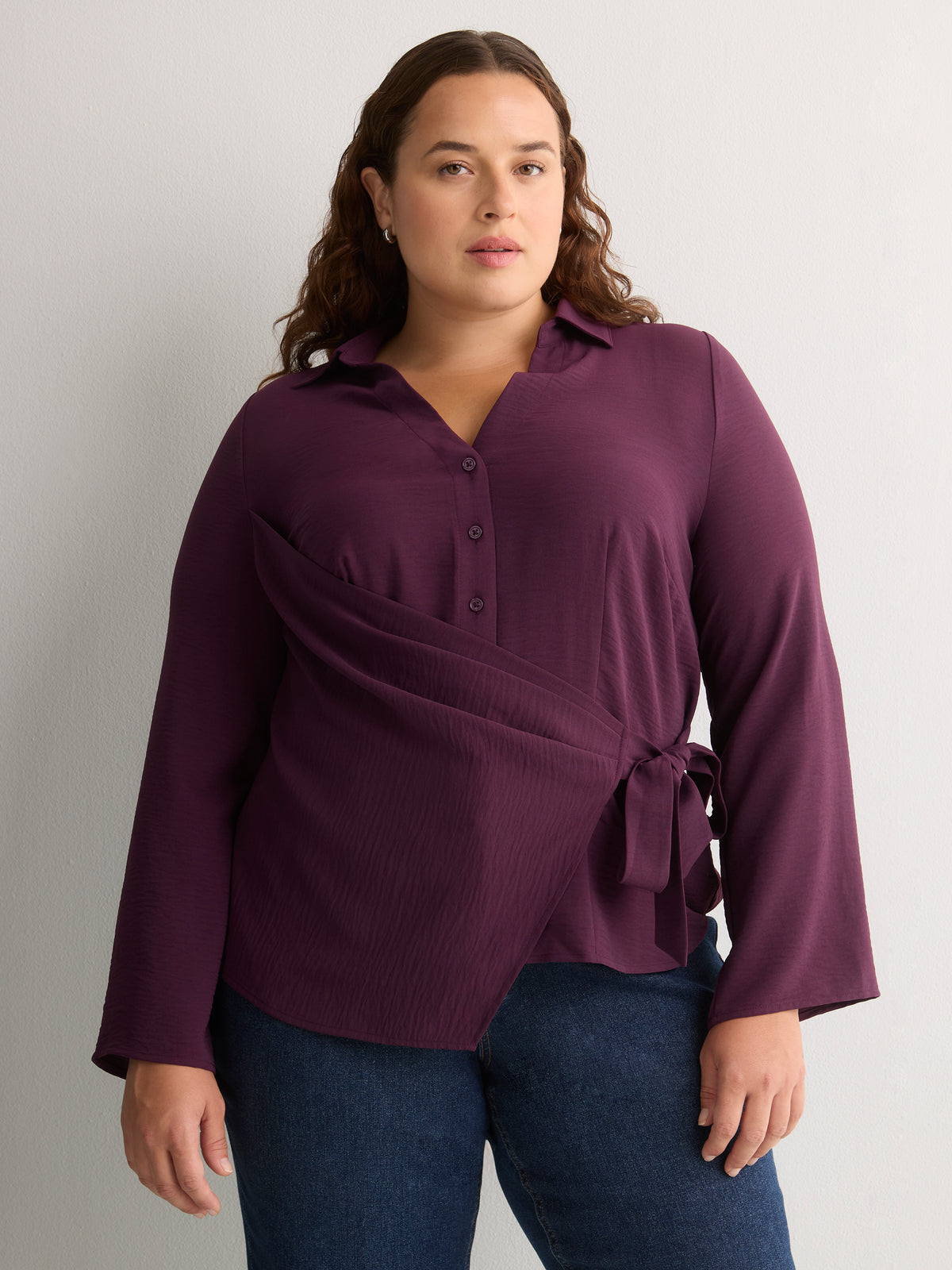 Purple Buttoned-Down Wrap Blouse