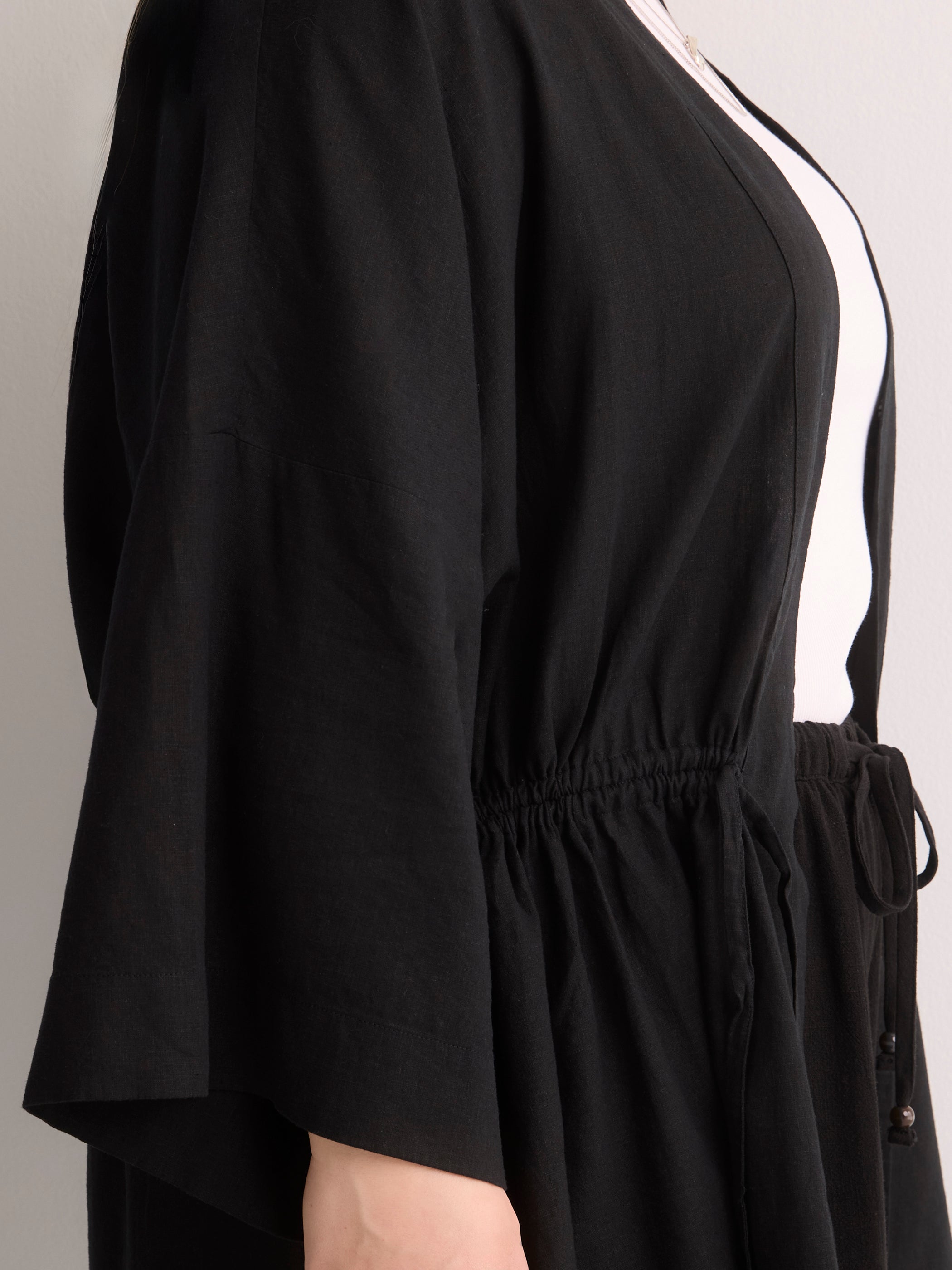 Linen-Blend Loose Kimono Tunic with Waist Drawstring