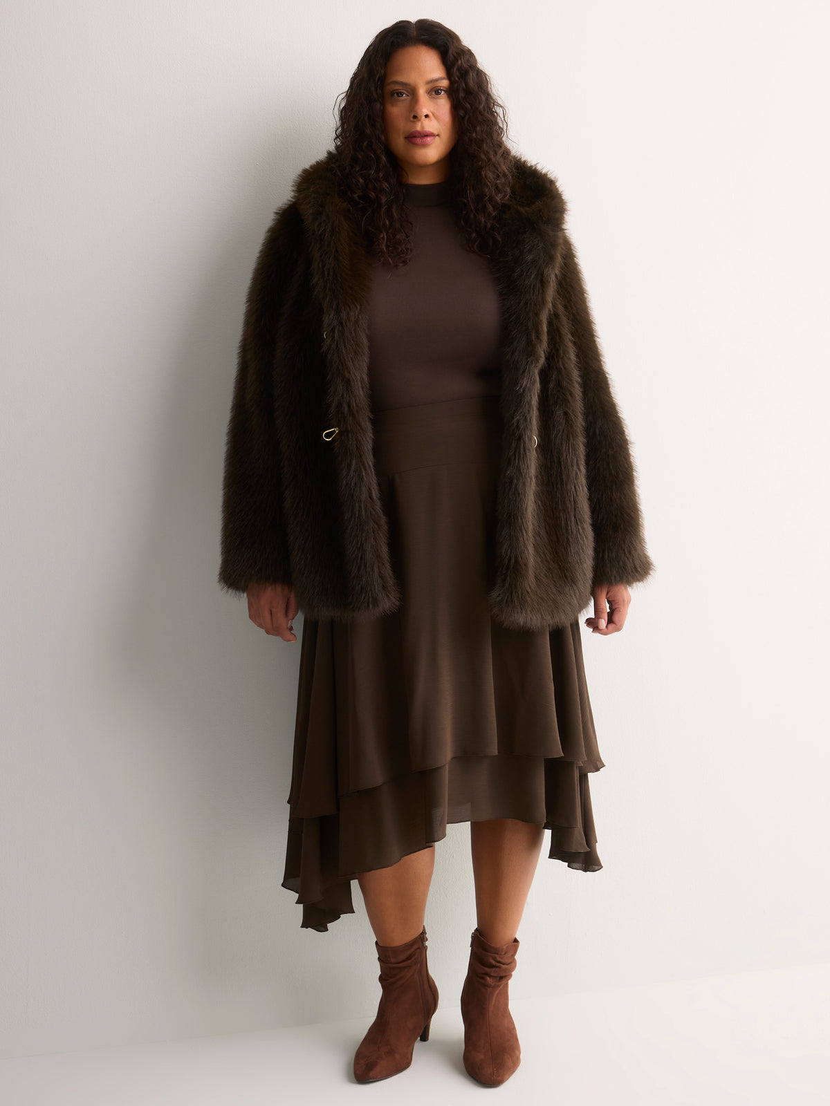 Romantic Brown Chiffon Pull-On Midi Skirt