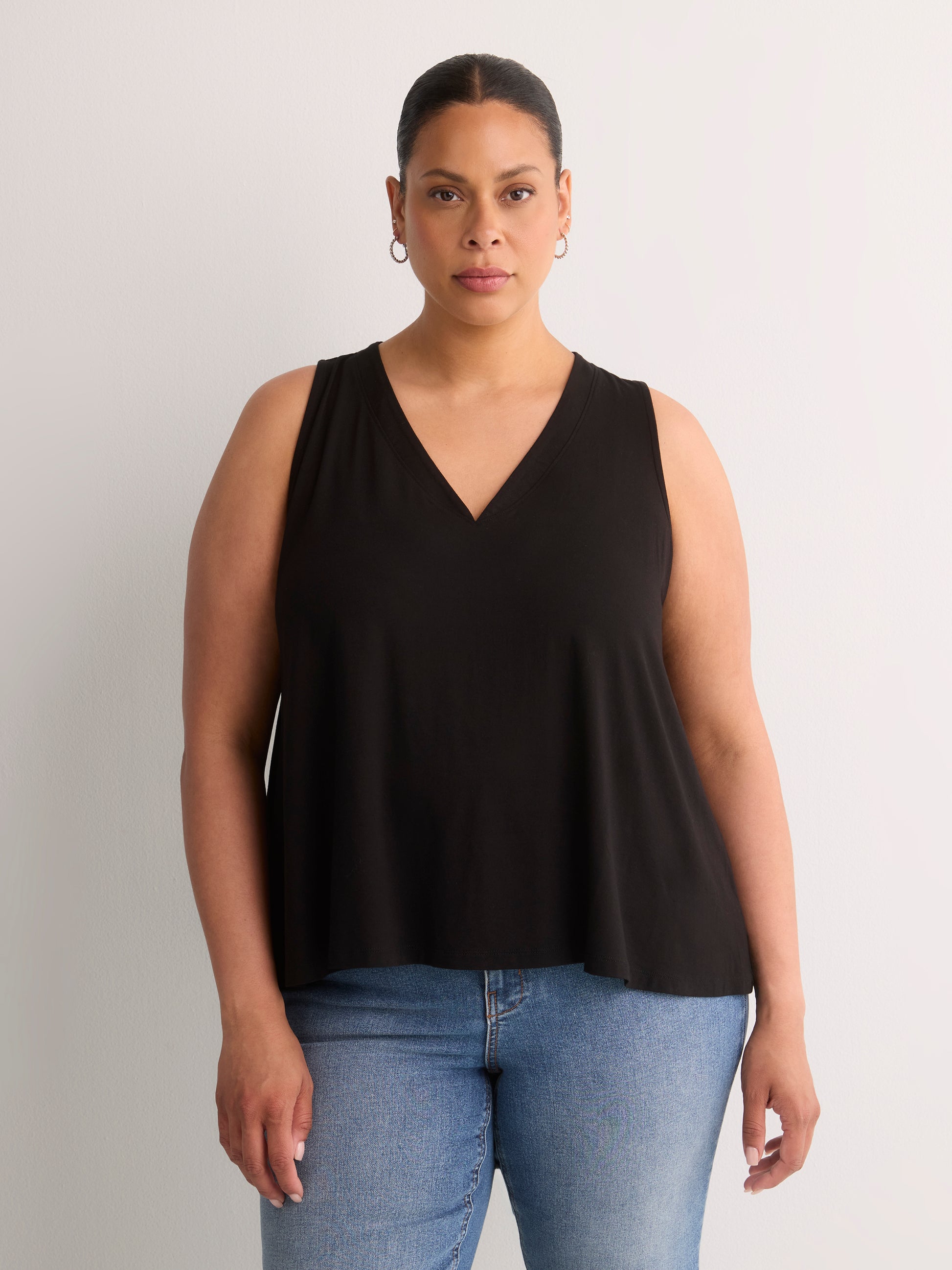 Responsible, Black Sleeveless V-Neck Swing Top