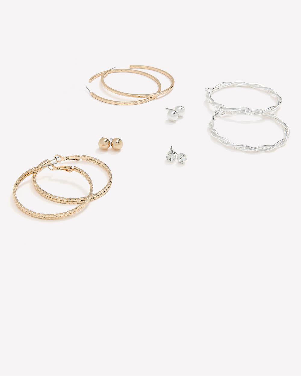 Silver and Golden Medium Hoops and Stud Earrings, Set of 6