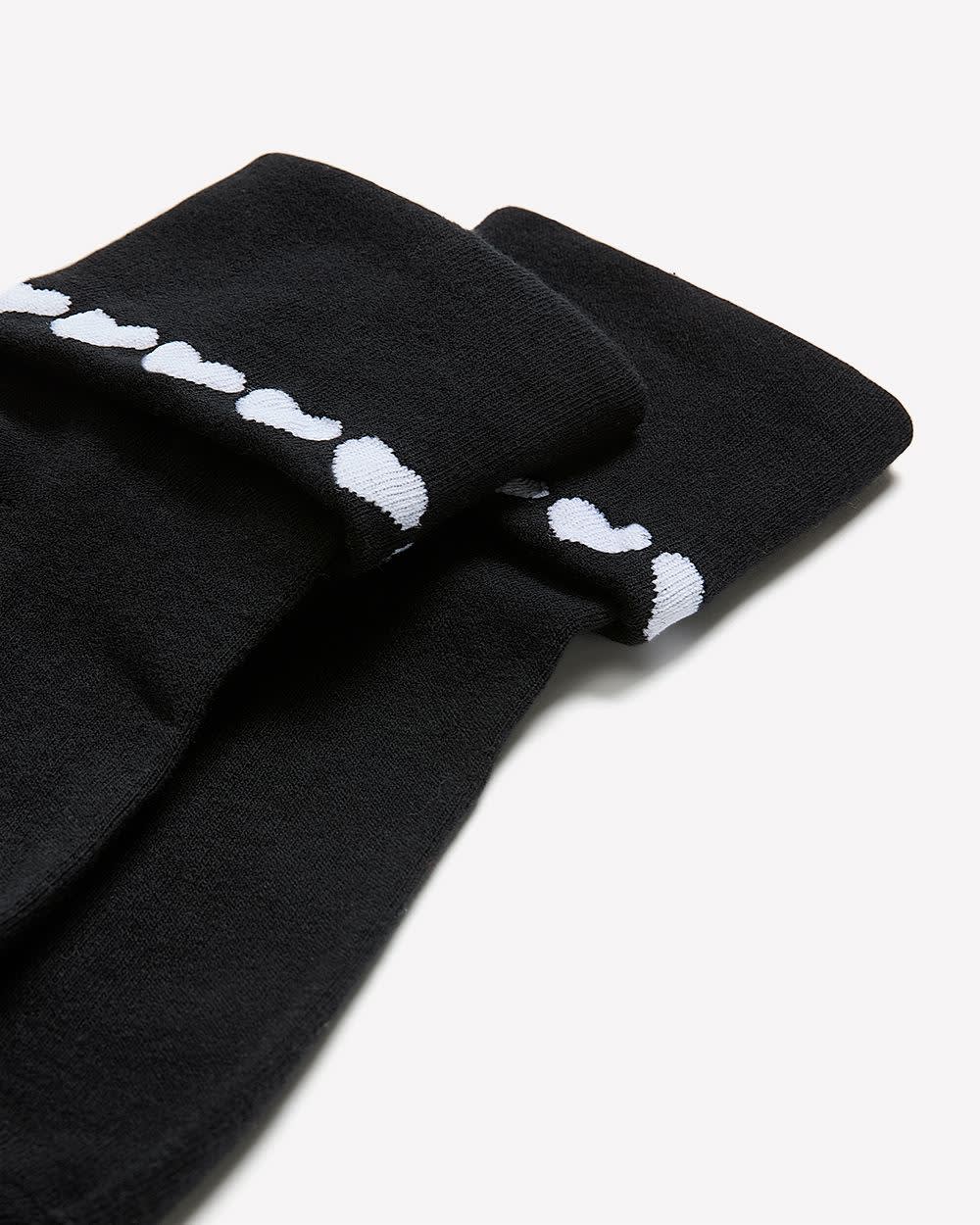 Black Fold-Over Ankle Socks with Heart Print