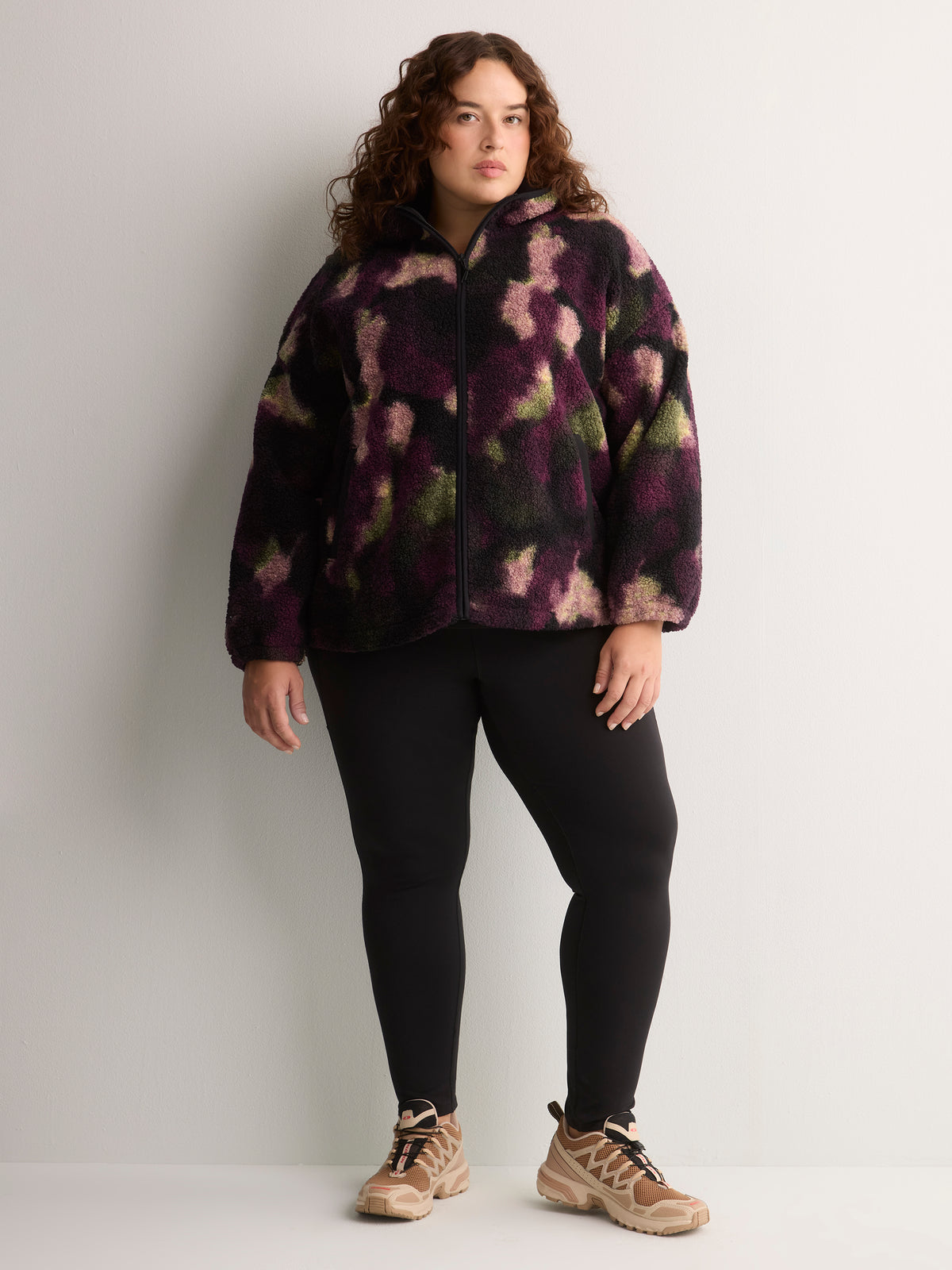 Hooded Printed Sherpa Zippered Jacket - Active Zone