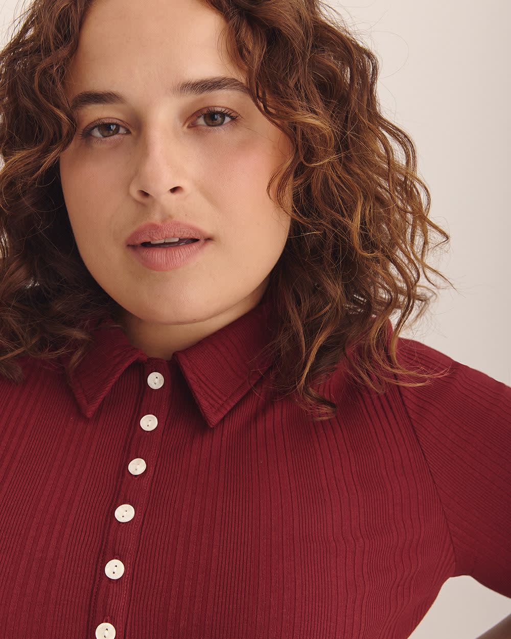 Ribbed Elbow-Sleeve Polo Knit Top