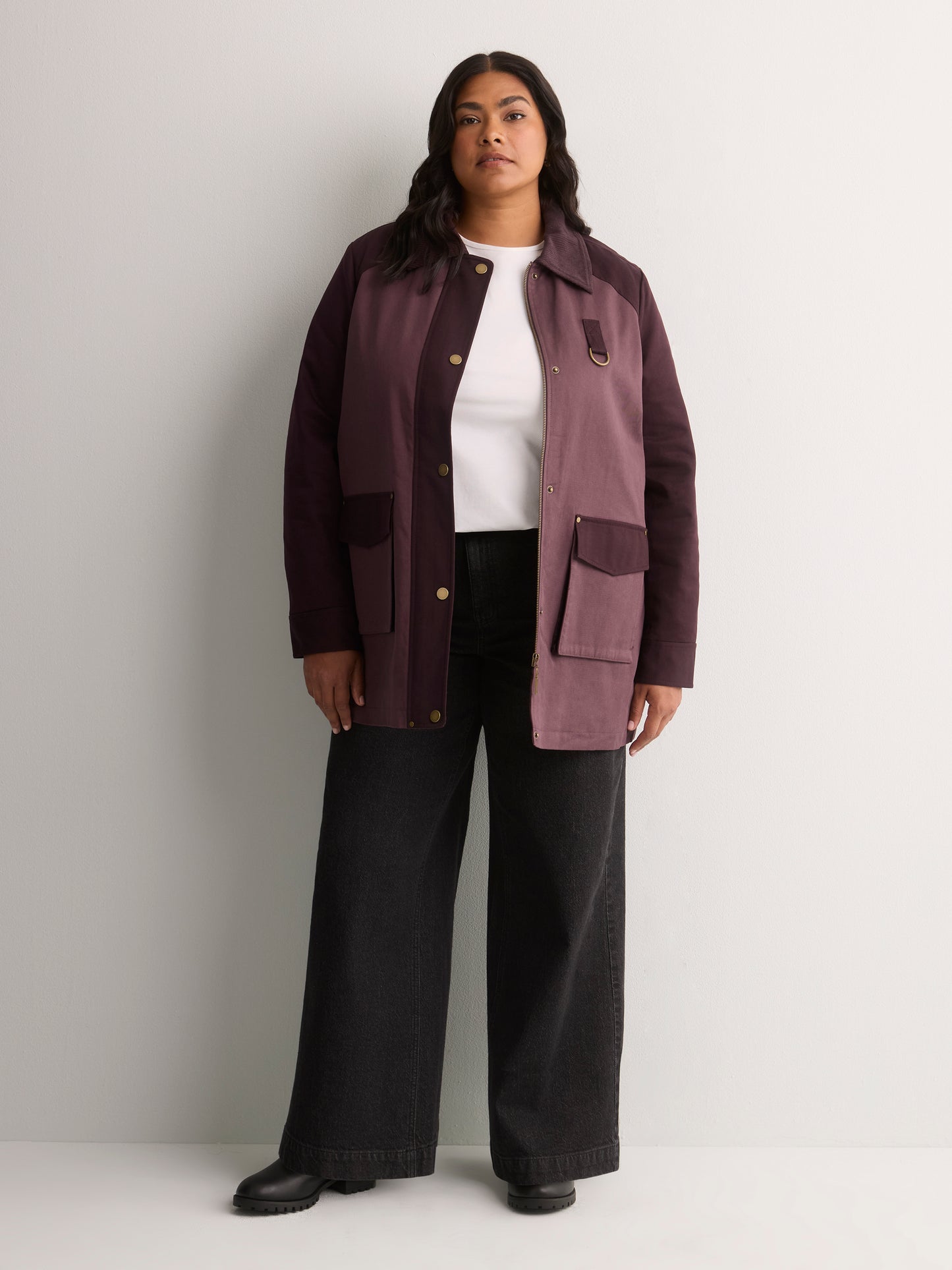Long Two-Tone Barn Jacket with Corduroy Collar