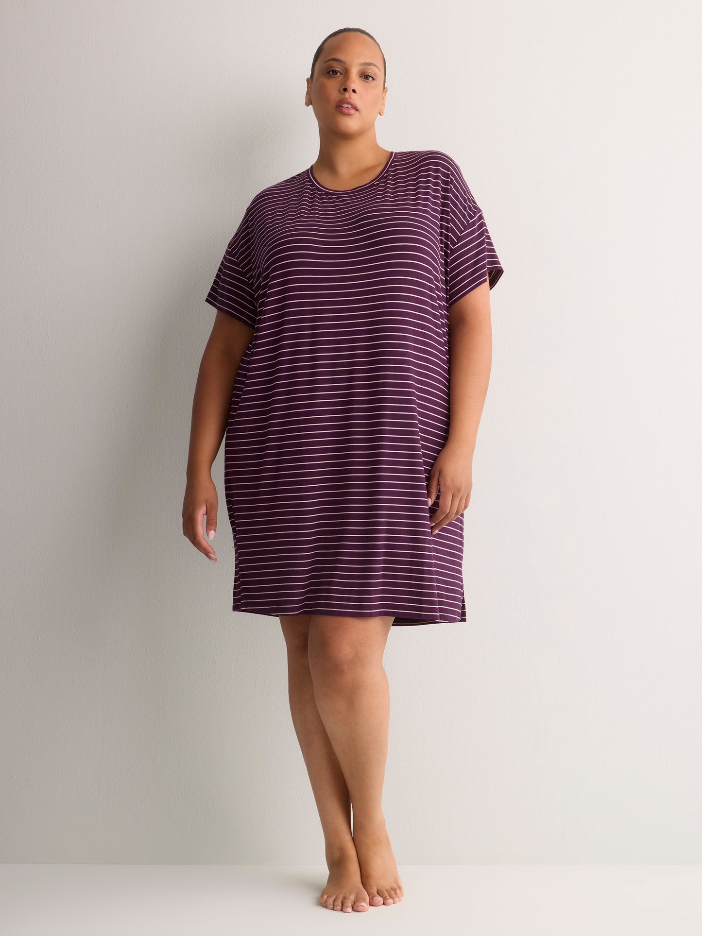Responsible, Plum Striped Short-Sleeve Sleepshirt - tiVOGLIO