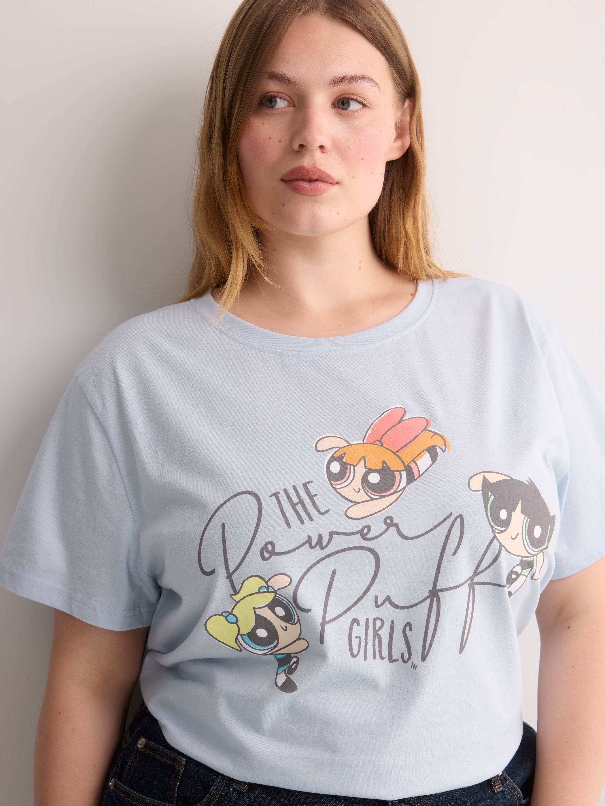 Blue Short-Sleeve Crew-Neck Tee with Power Puff Girls Print
