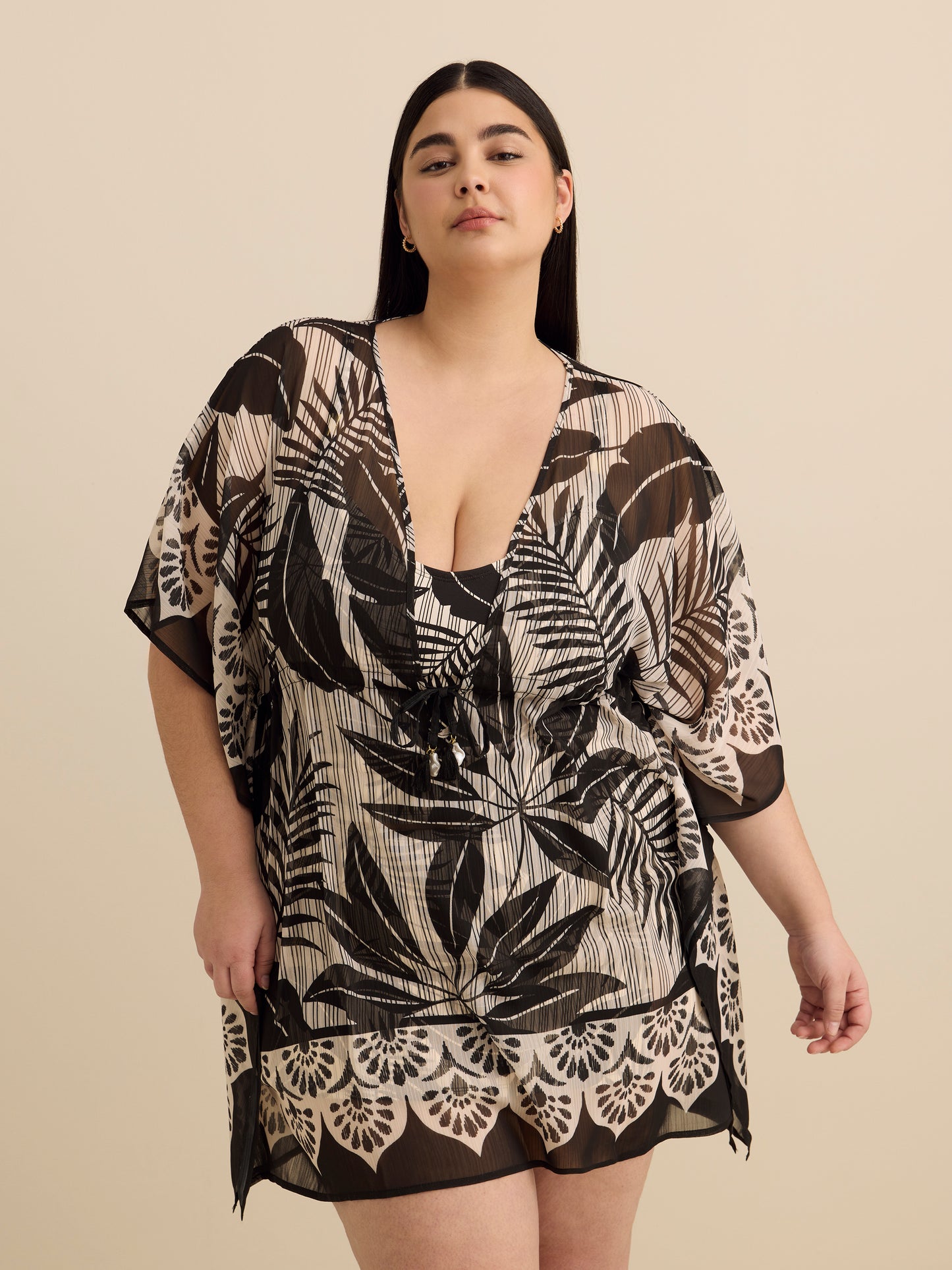 Caftan noir et blanc à motif de feuillage - Bleu Rod Beattie