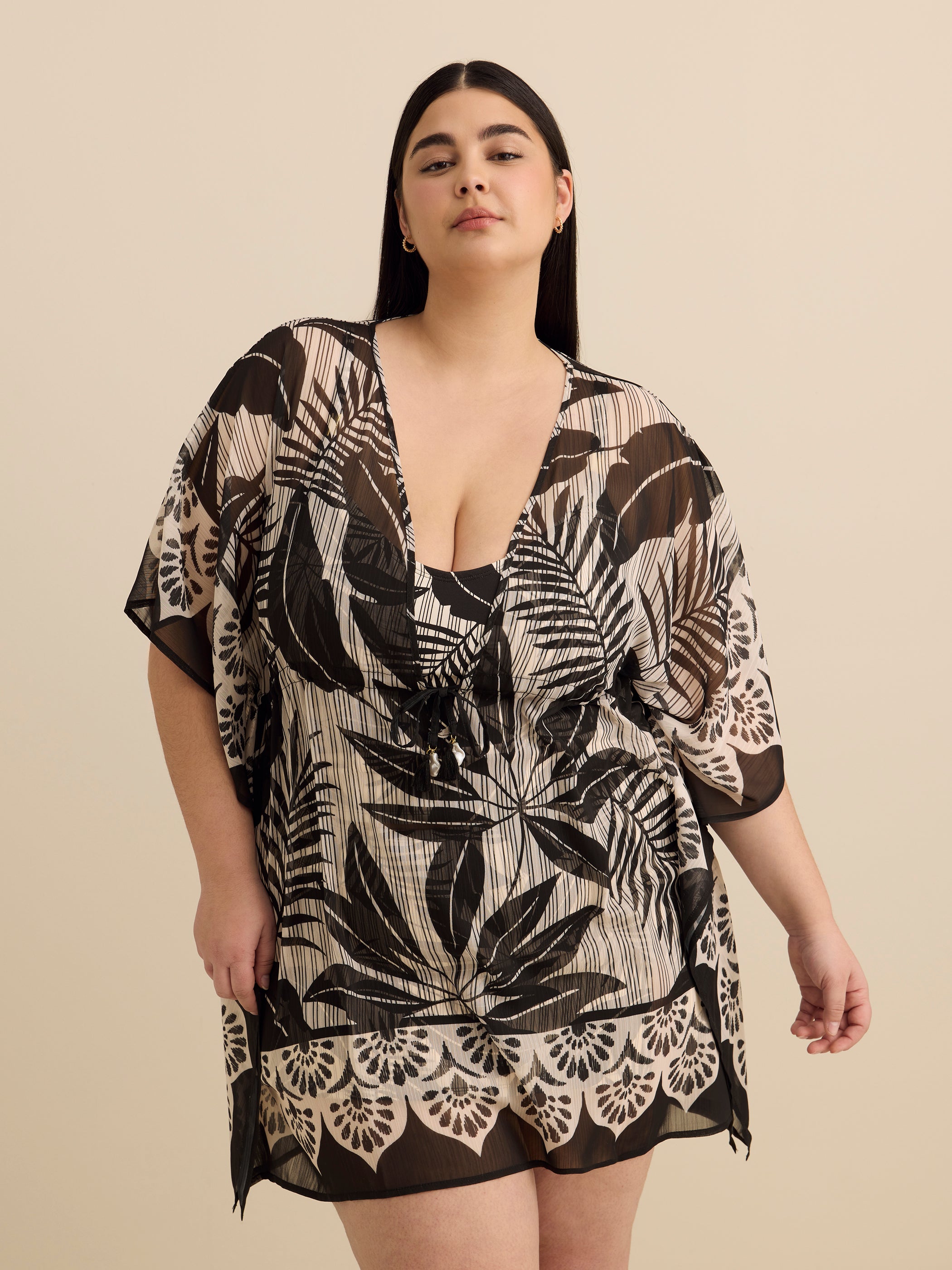 Caftan noir et blanc à motif de feuillage - Bleu Rod Beattie