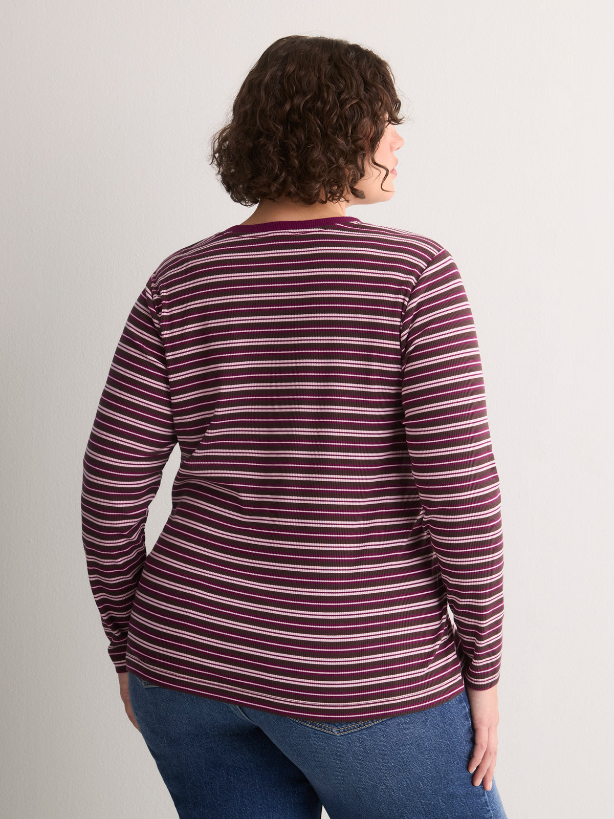 Brown Striped Boyfriend-Fit Long-Sleeve Rib Knit Tee