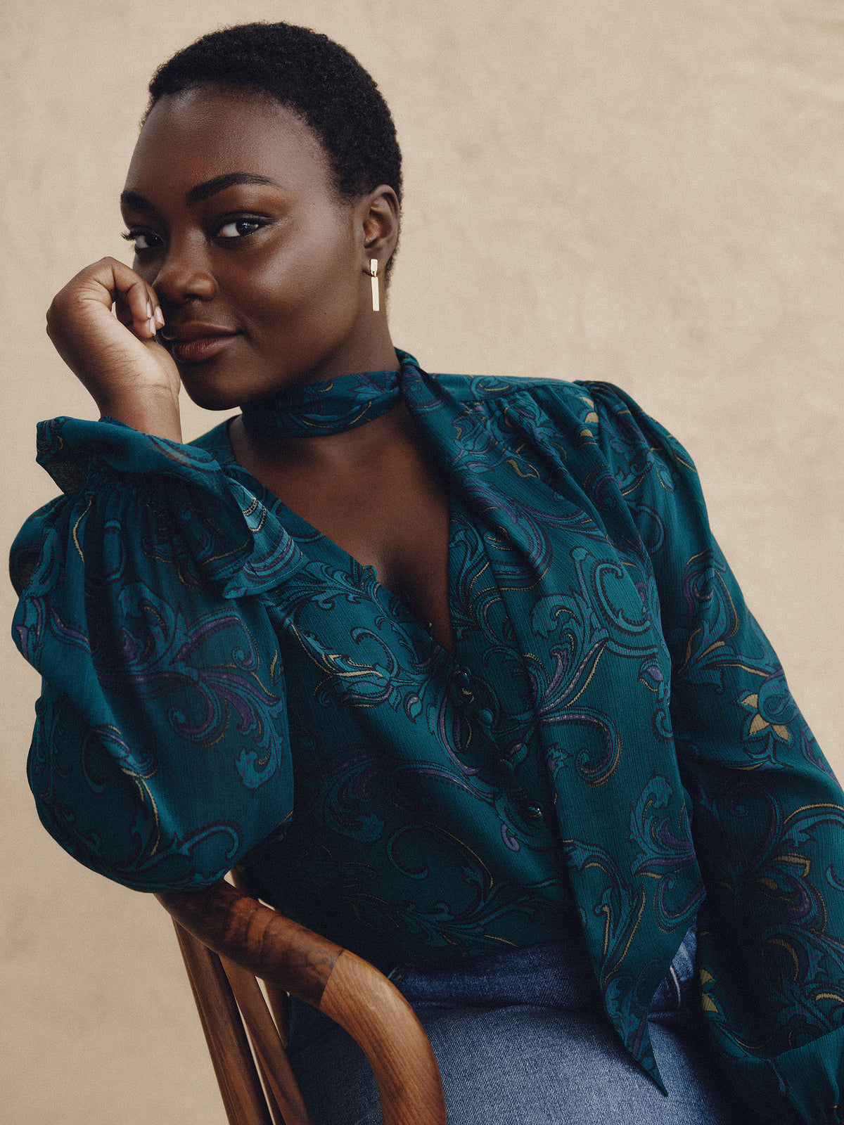 Printed Chiffon Blouse with Detachable Scarf