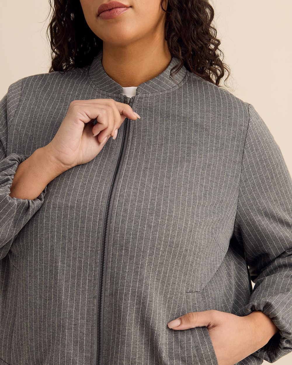 Grey Pinstripe Balloon-Hem Bomber Jacket