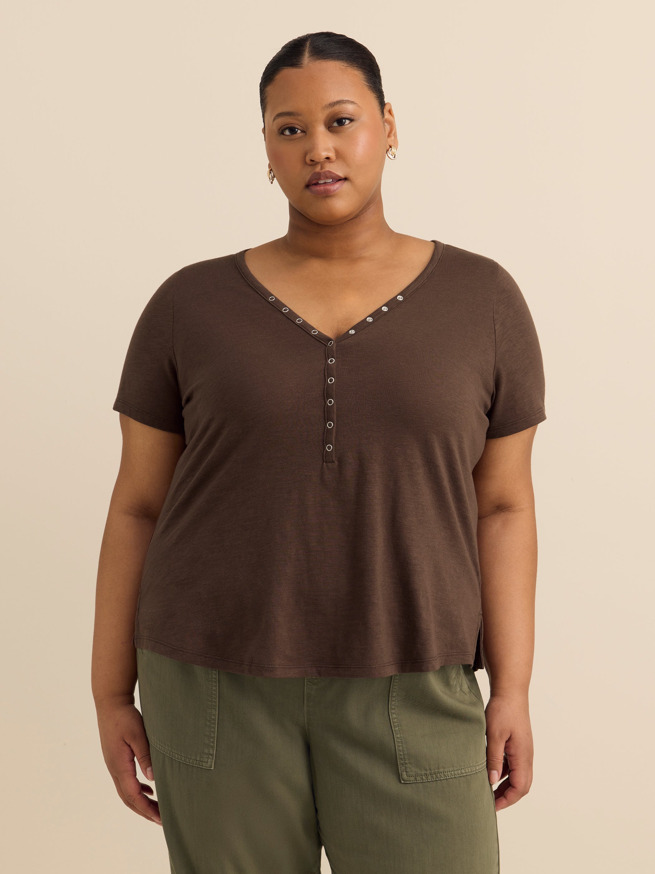 Short-Sleeve Henley T-Shirt with Snaps