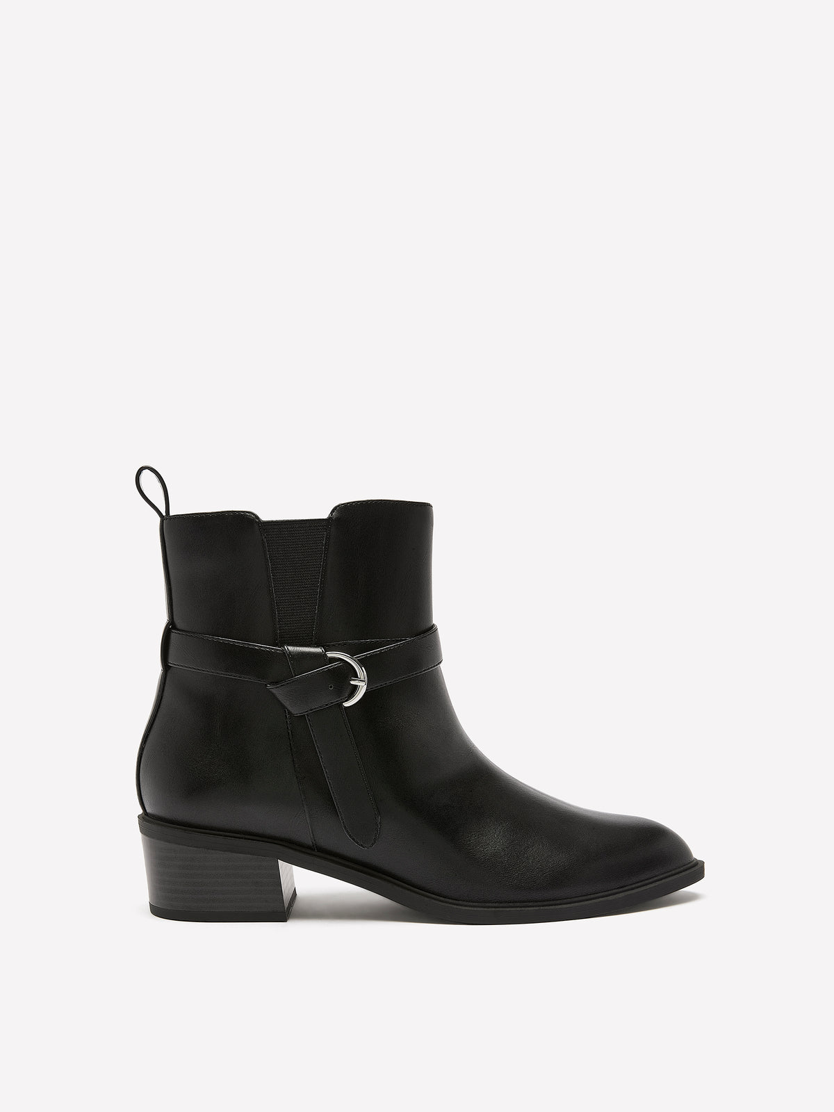 Wide Width, Winona Black Faux Leather Low-Heel Bootie with Buckle
