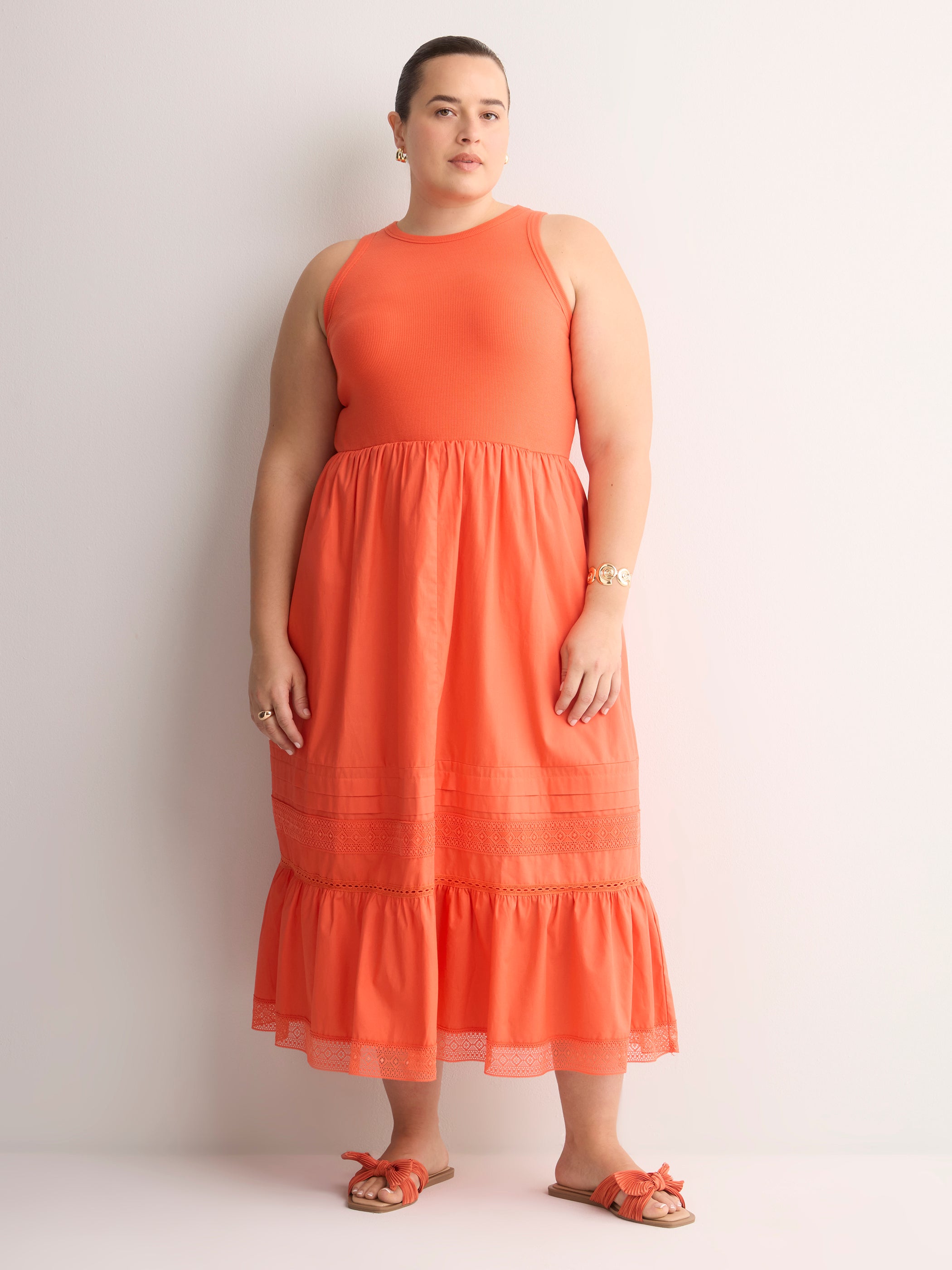Sleeveless Shirred Tier Midi Dress