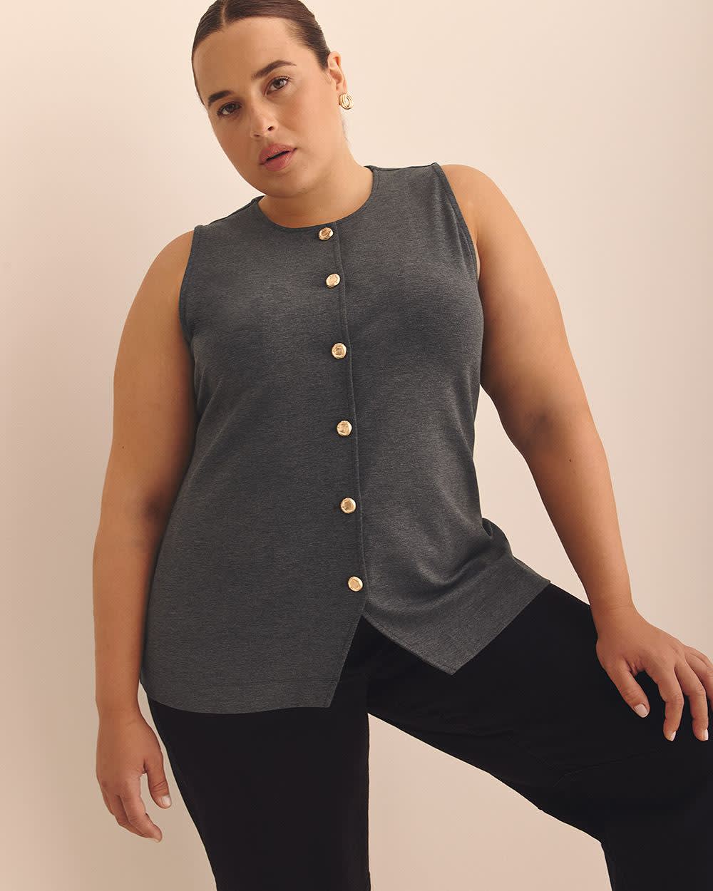 Button-Up Knit Crew Neck Vest