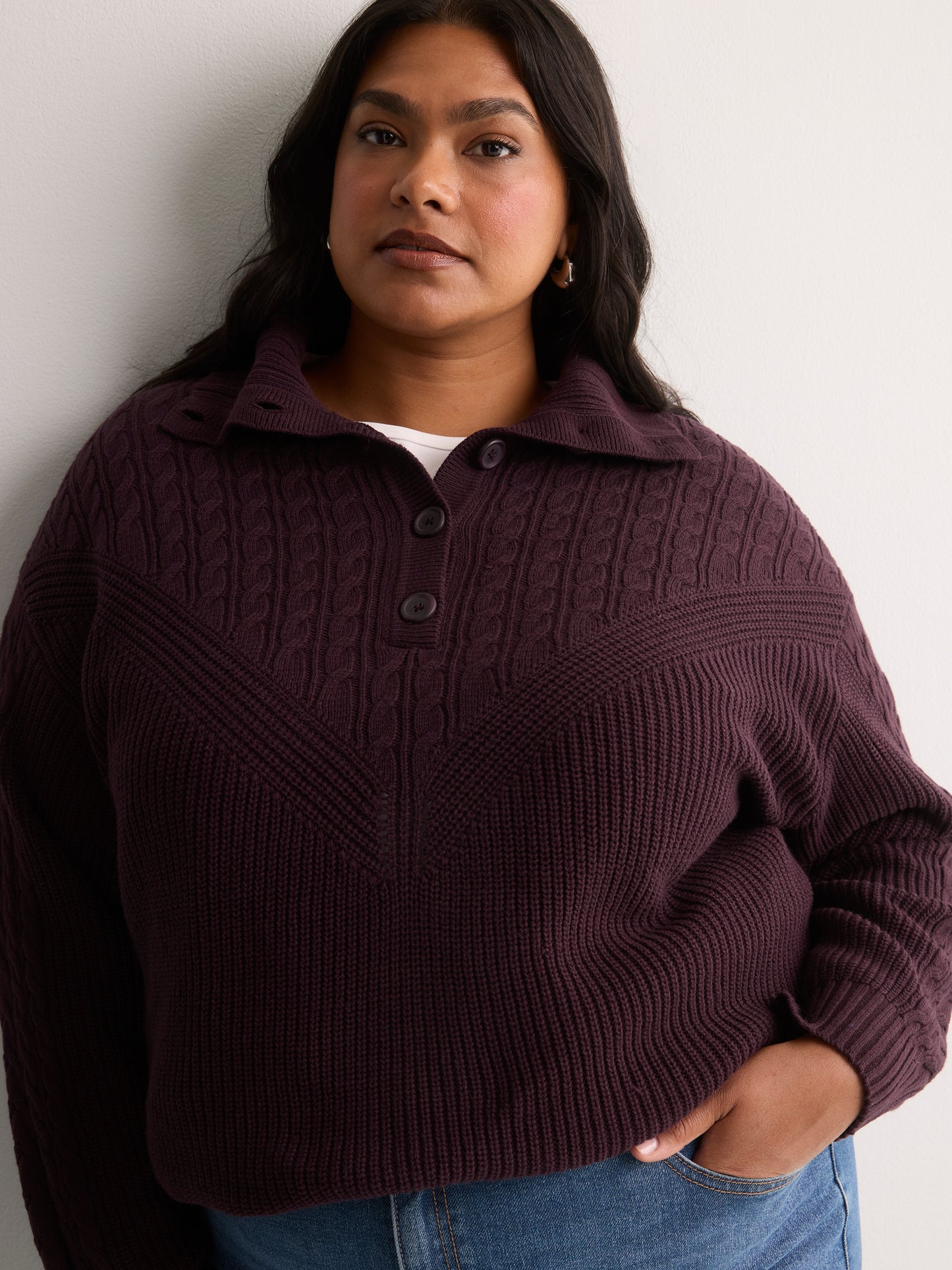 Loose Half-Placket Cable Knit Sweater