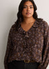 Brown Floral Ruffled V-Neck Pintuck Swing Blouse