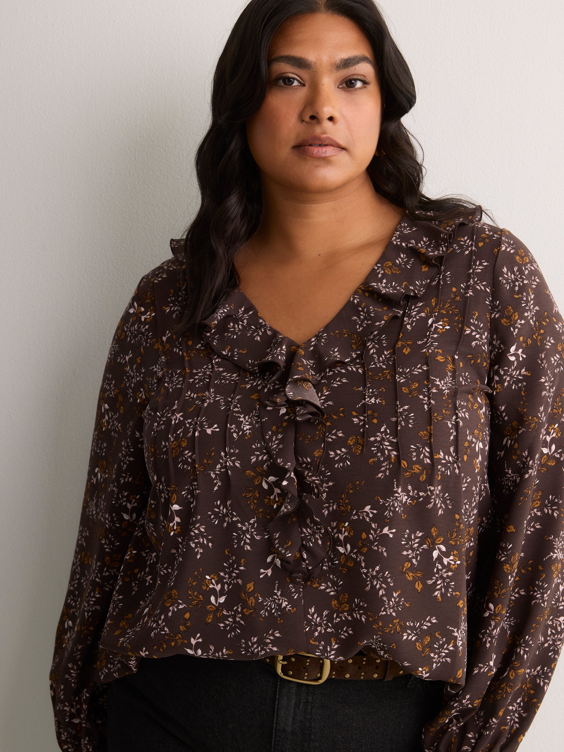 Brown Floral Ruffled V-Neck Pintuck Swing Blouse