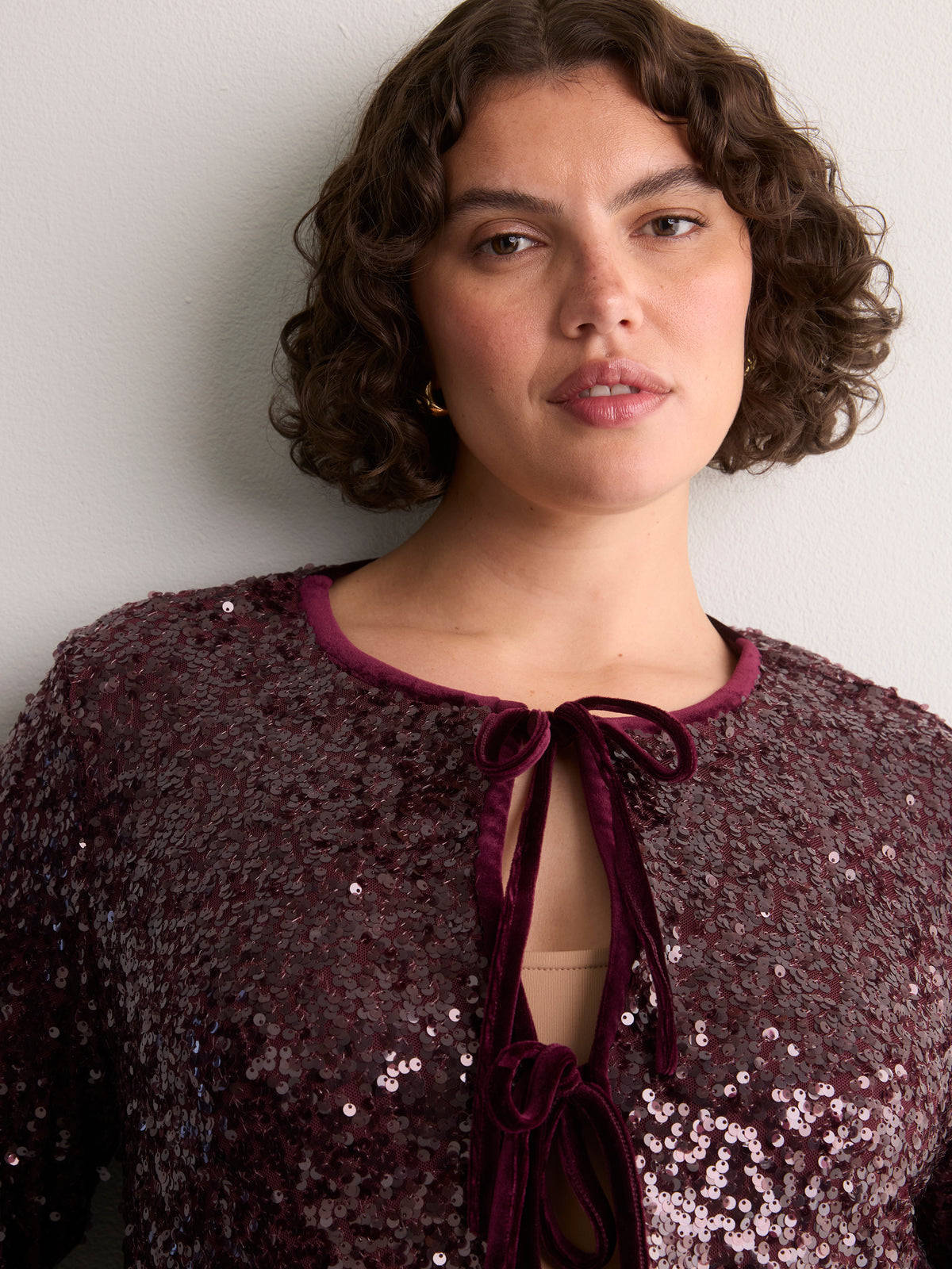 Plum Sequin Open Crop Cardigan
