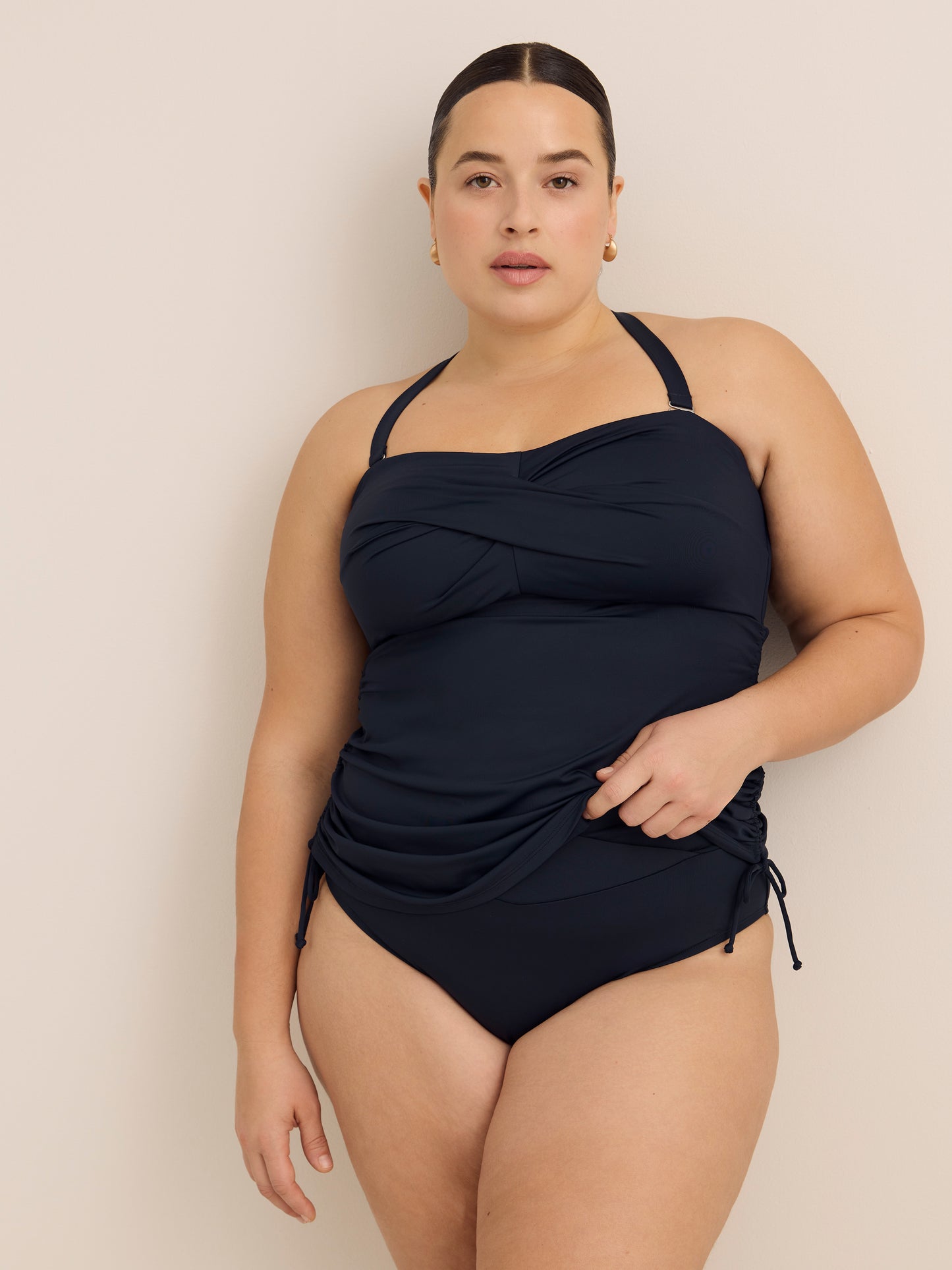 Culotte de maillot bleue échancrée à taille haute croisée 