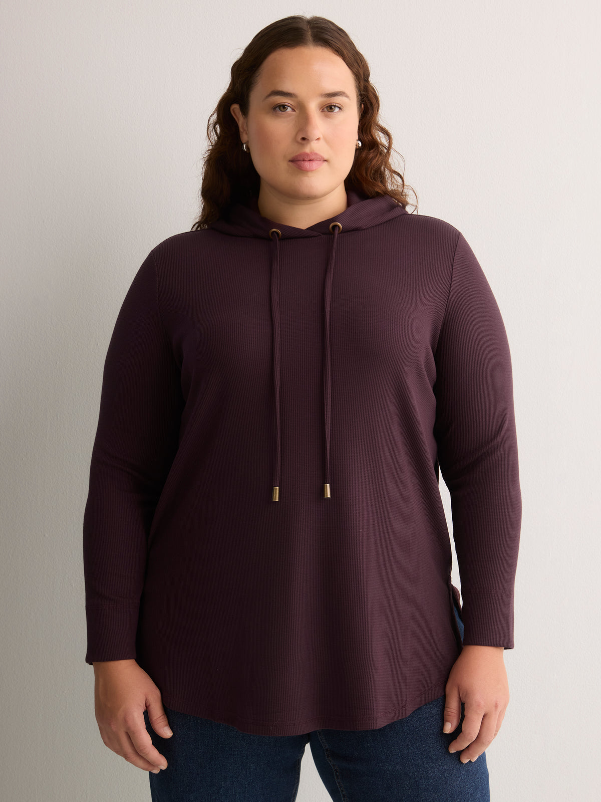 Long Straight Waffle Knit Hoodie