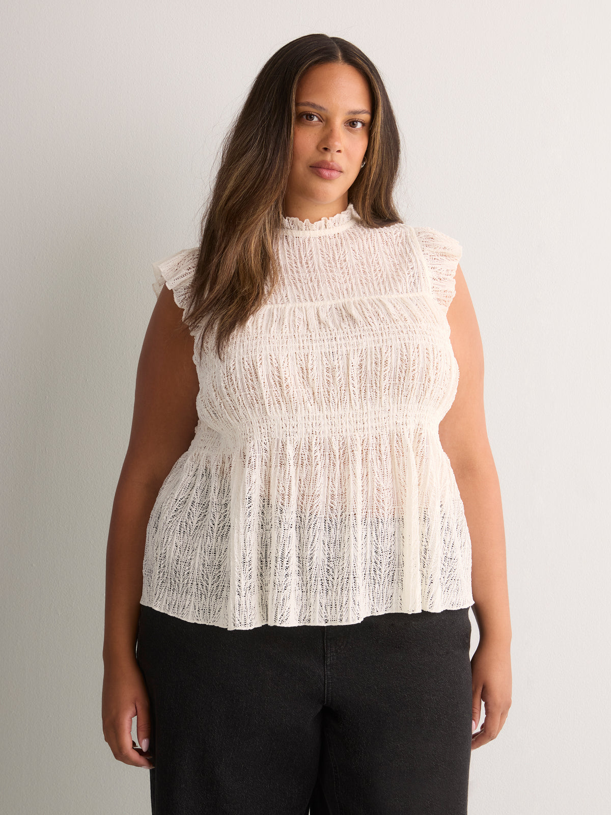 Smocked Lace Swing Top with Short Flutter Sleeves