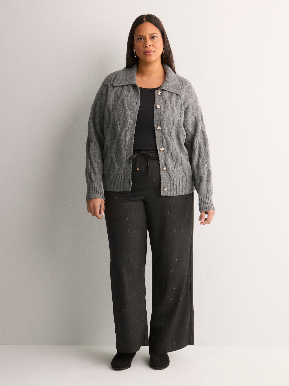 Grey Metallic Pinstripe Pull-On Wide-Leg Pant